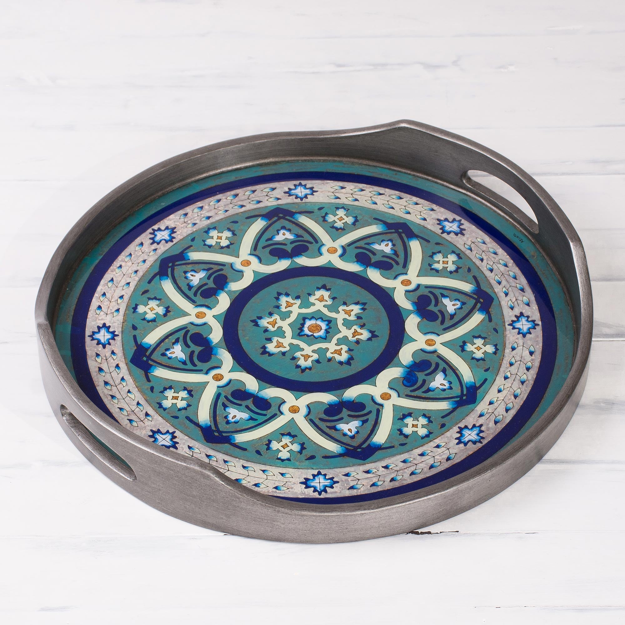 Premium Floral Art Steel-Tone Reverse-Painted Glass Tray - Handcrafted in Peru