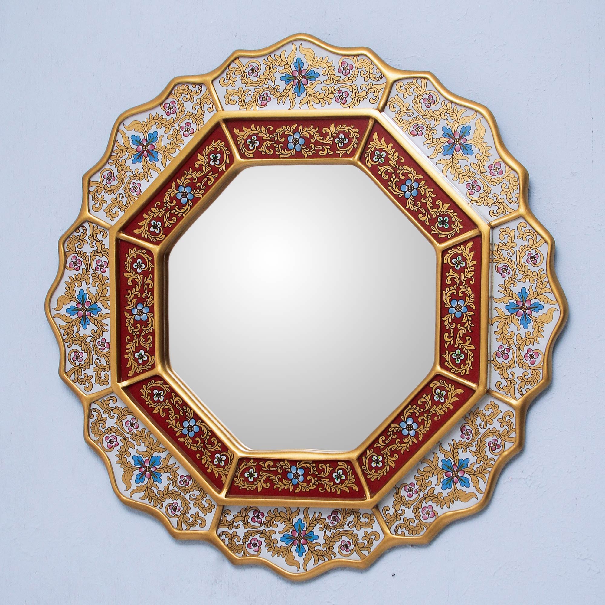 Premium White Star Reverse Painted Glass Wood Mirror - Handcrafted in Peru