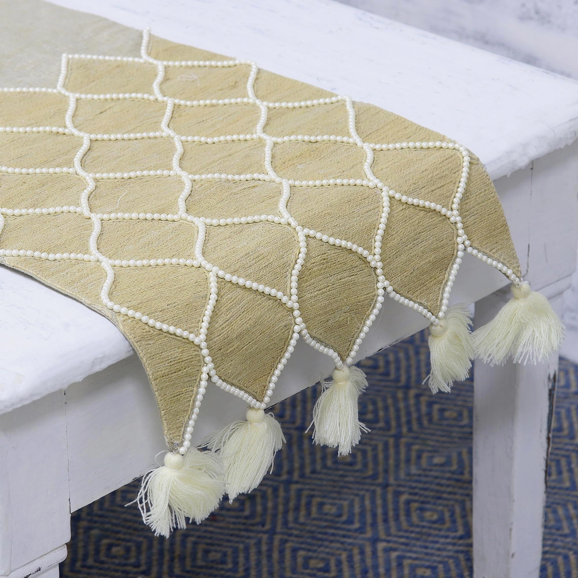 Premium Honeycomb Embroidered Cotton Table Runner with Beaded Jute Accents