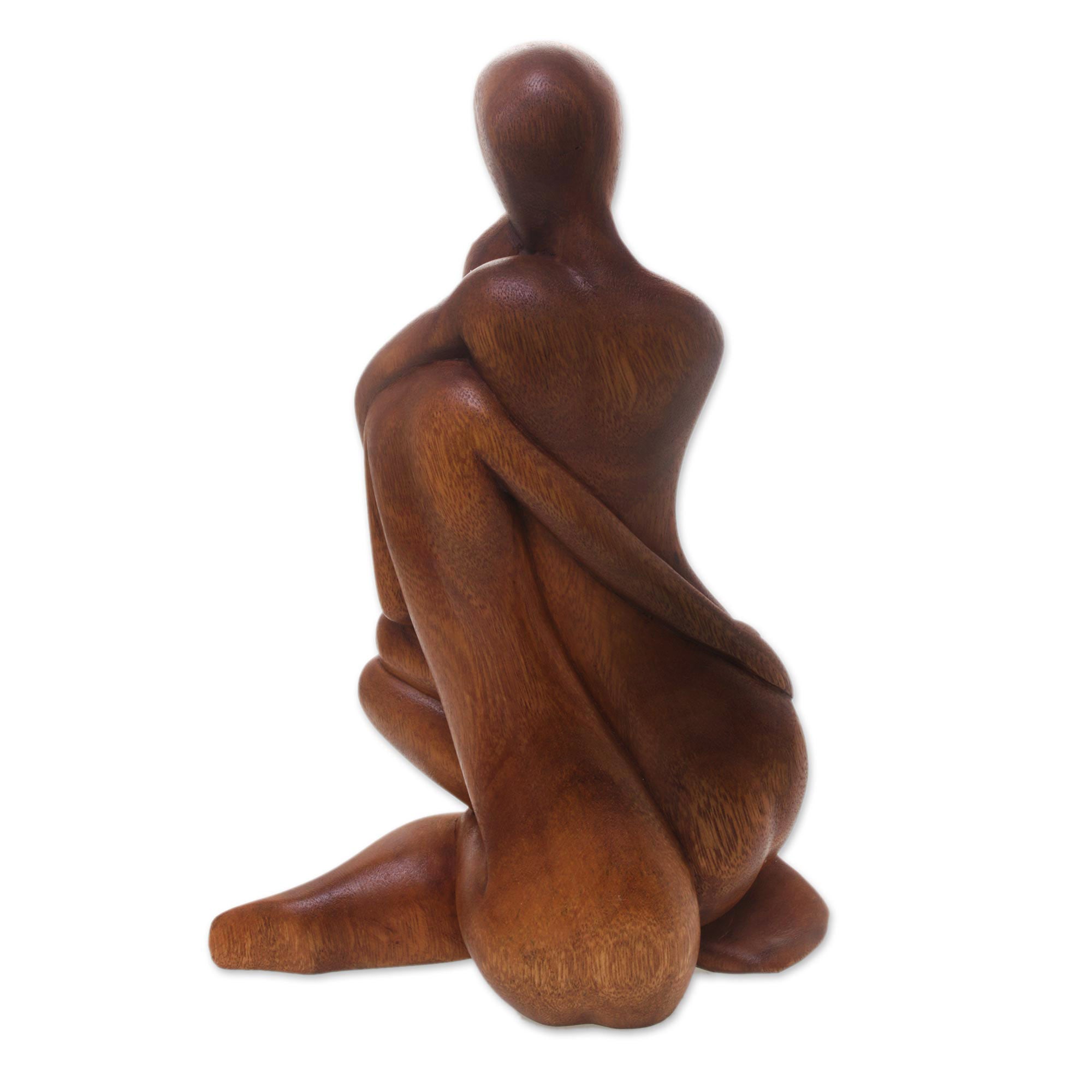 Premium Hand-Carved 'Mother’s Love' Suar Wood Sculpture from Bali – Timeless Romantic Art
