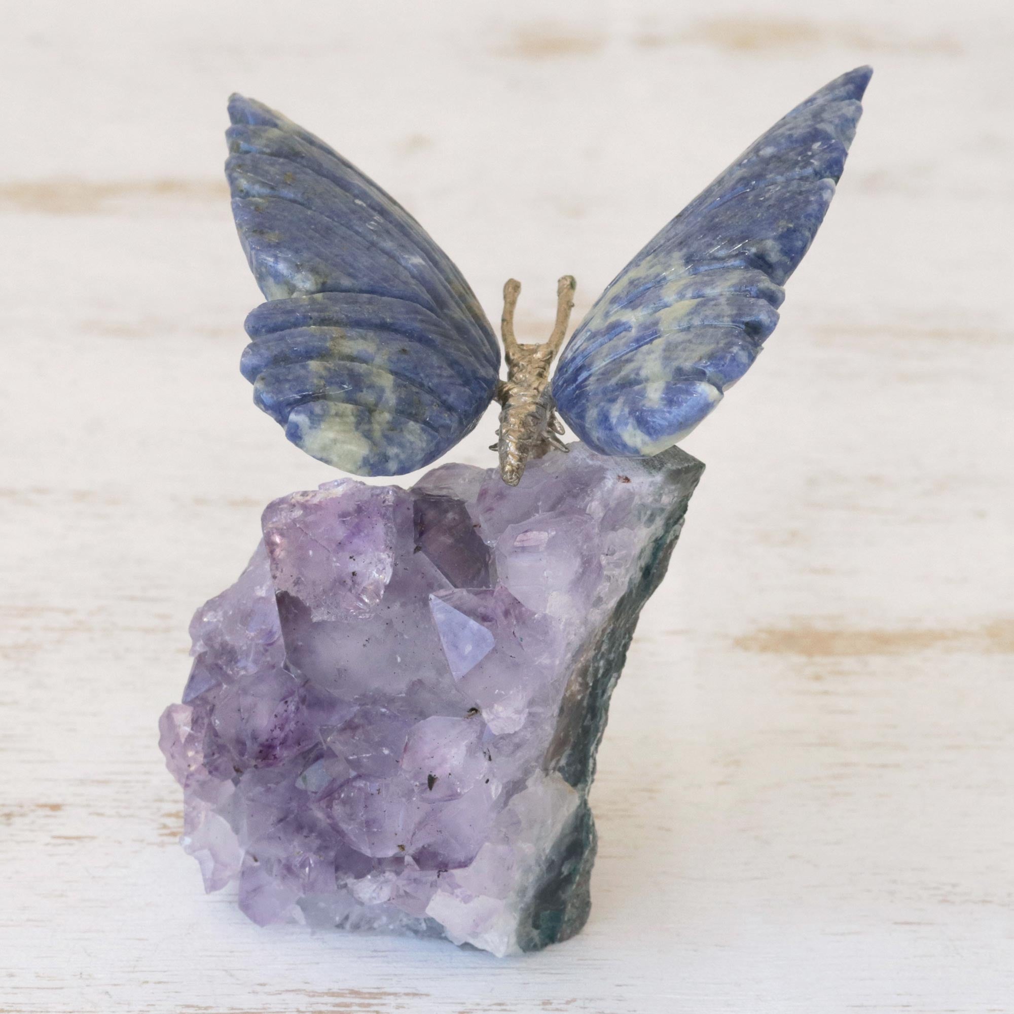 Premium Blue Morpho Butterfly Sculpture - Handcrafted Sodalite & Amethyst Art Piece