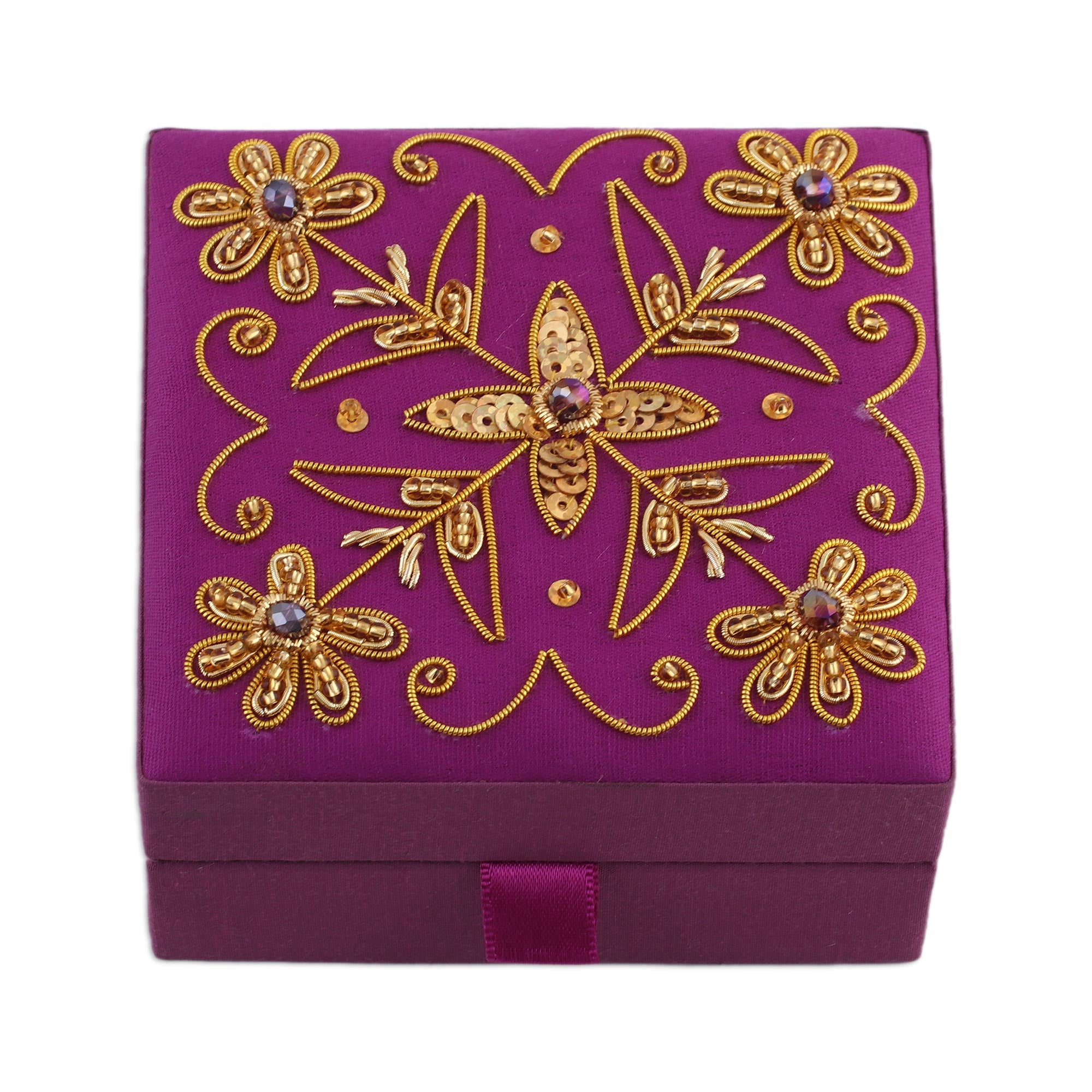 Premium Zardozi Embroidered Purple Cotton Decorative Box