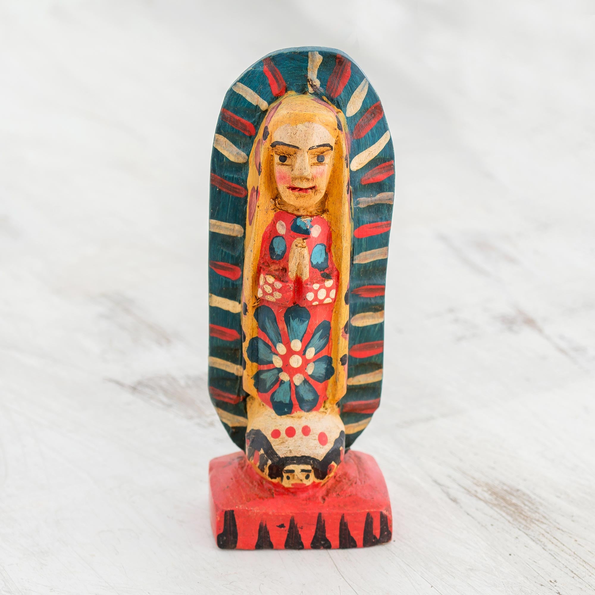 Premium Hand-Painted Virgin of Guadalupe Pinewood Figurine - Authentic Guatemalan Artisan Craft