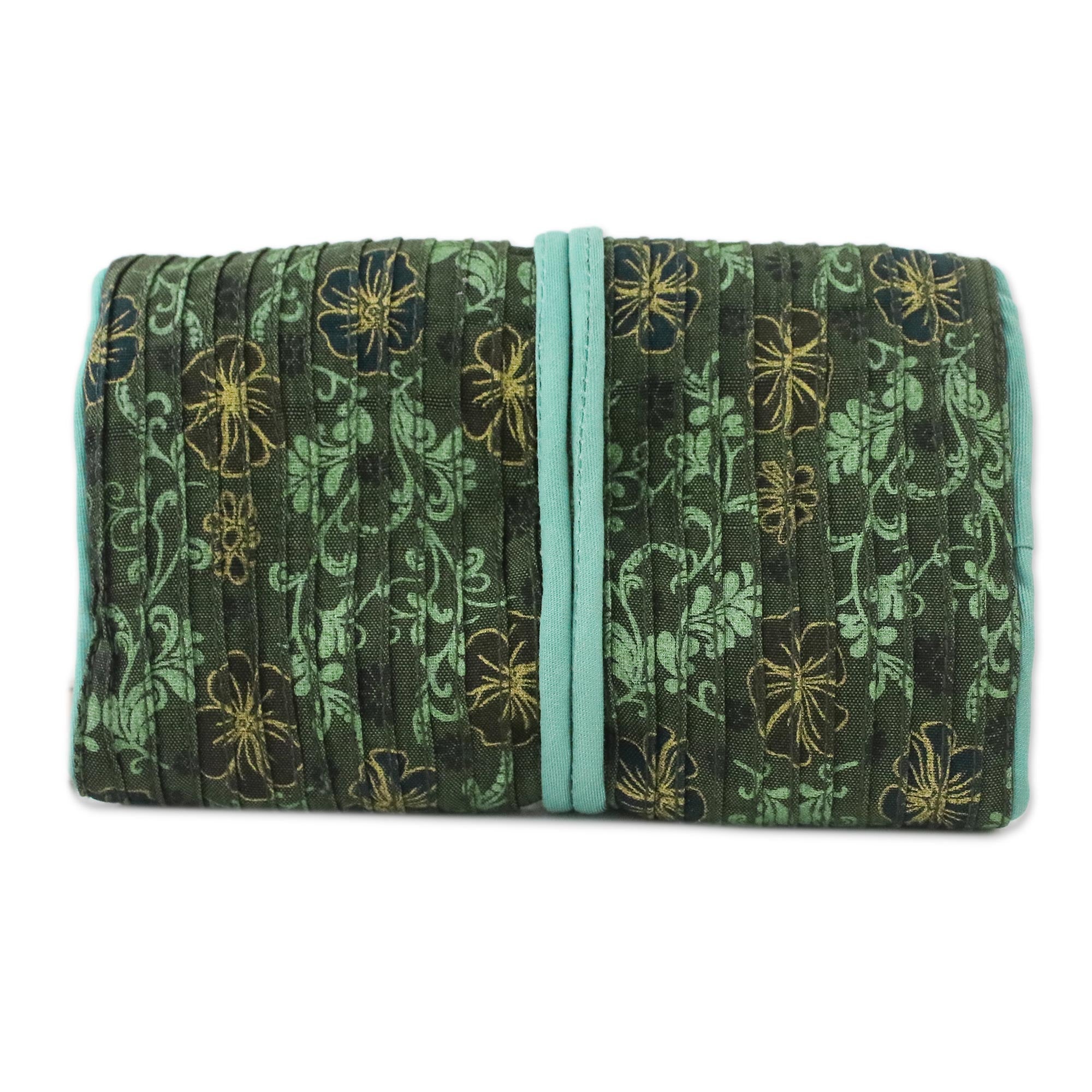 Premium Floral Jewelry Roll - Rayon & Silk Blend in Sage Green by Thai Artisan Vinita