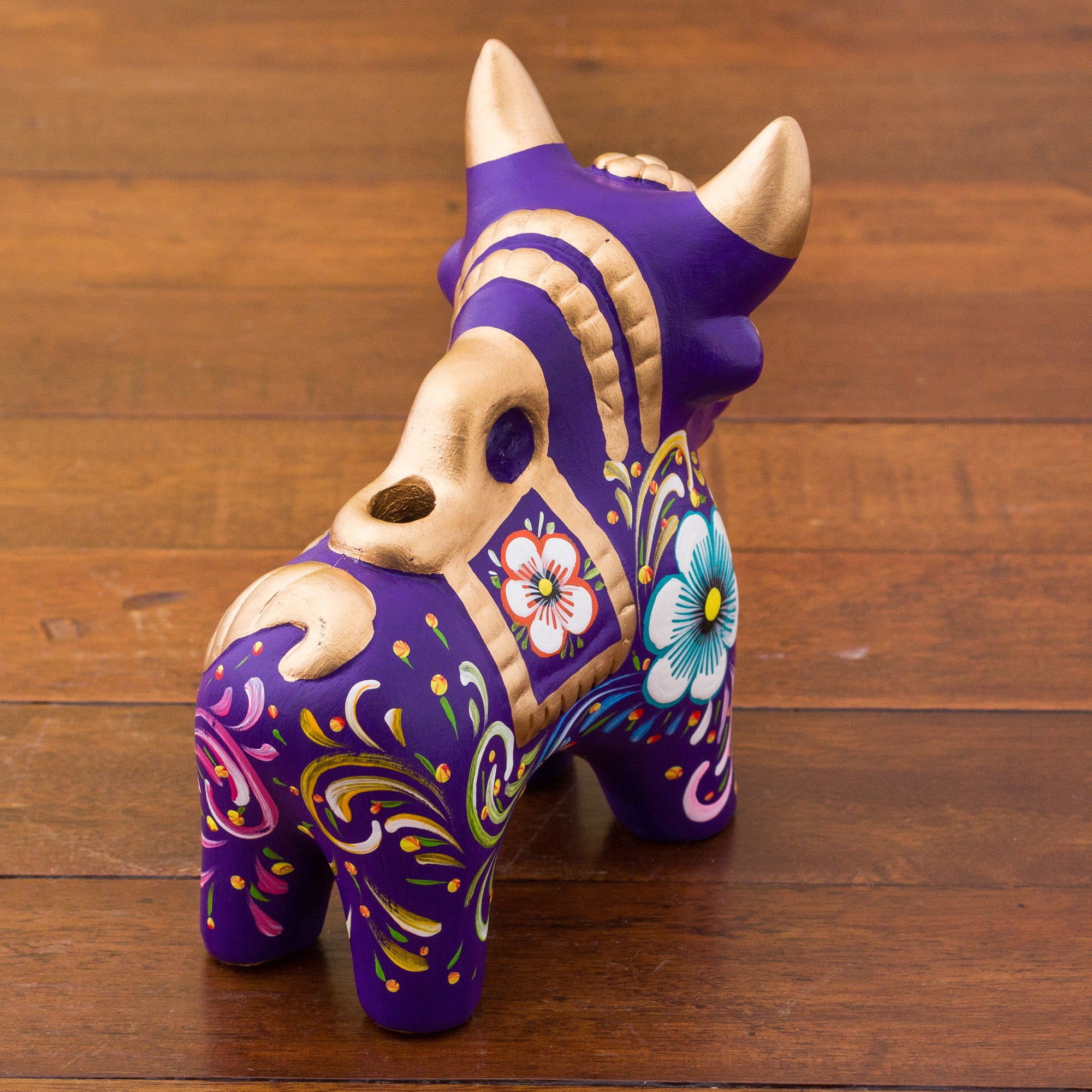 Premium Purple Pucara Bull Ceramic Sculpture - Hand-Painted Floral Art from Peru