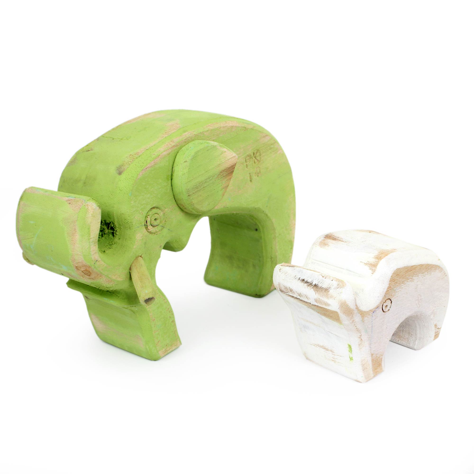 Premium Hand-Crafted Green & White Elephant Sculpture Duo – Rustic Thai Santol Wood Art