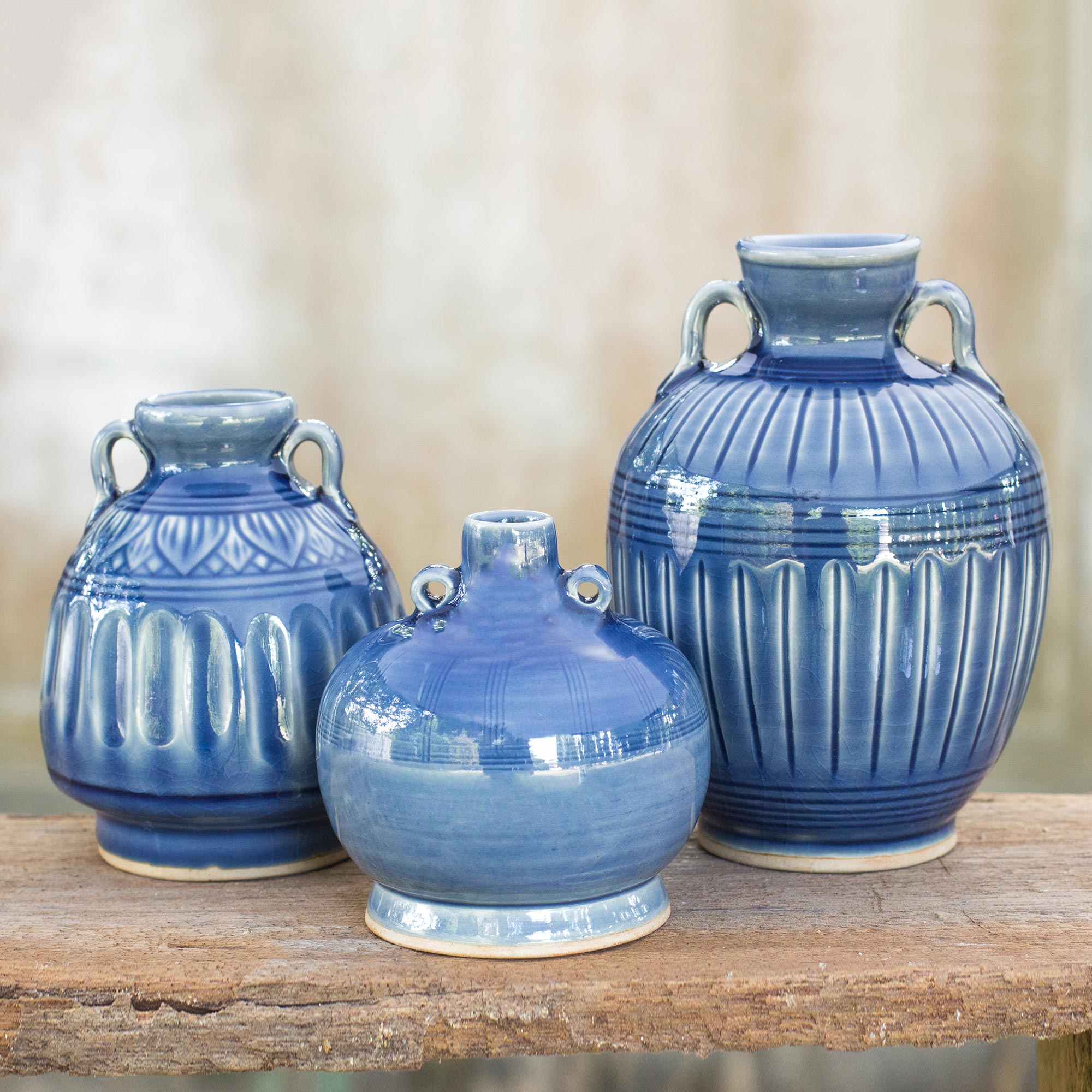 Premium Sawankhalok Celadon Ceramic Vase Set of 3 - Handcrafted Blue Elegance