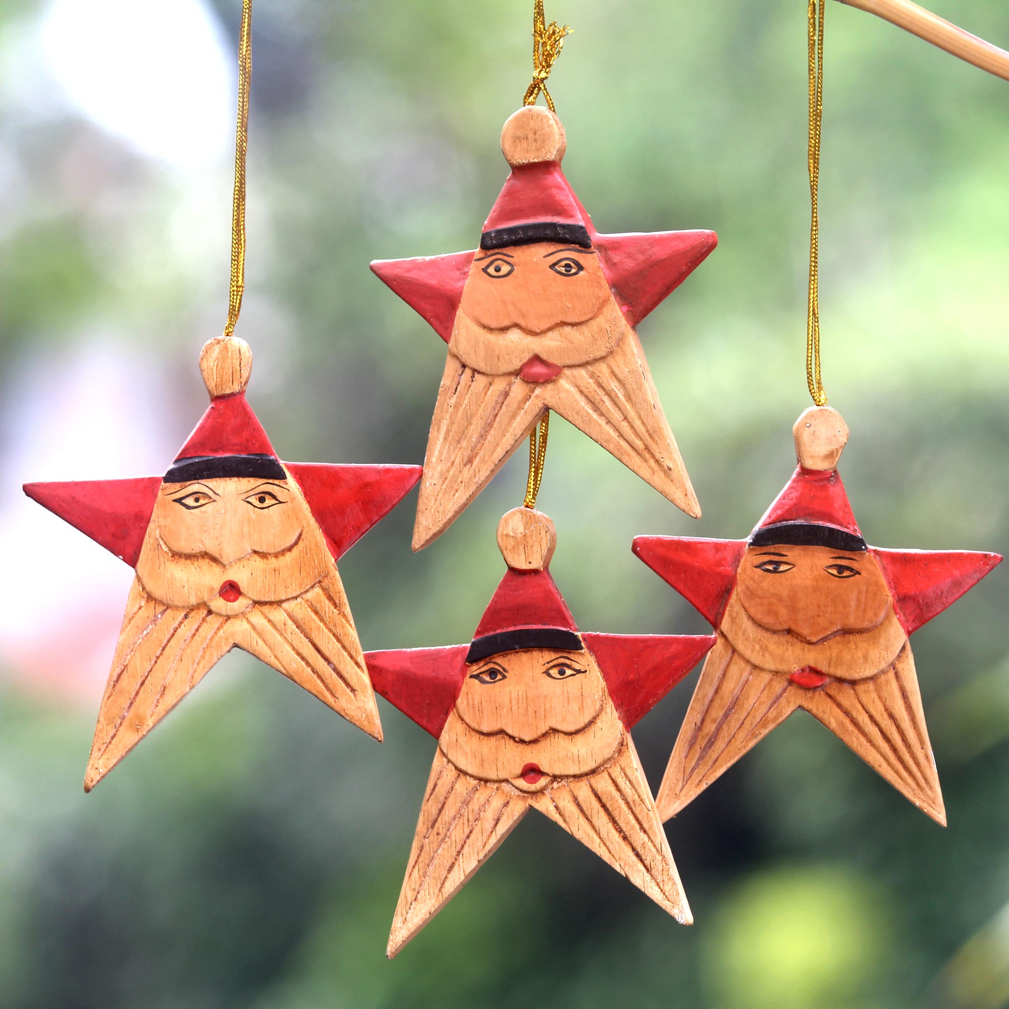 Premium Handmade Red Santa Star Ornaments - Set of 4 | Crafted in Bali