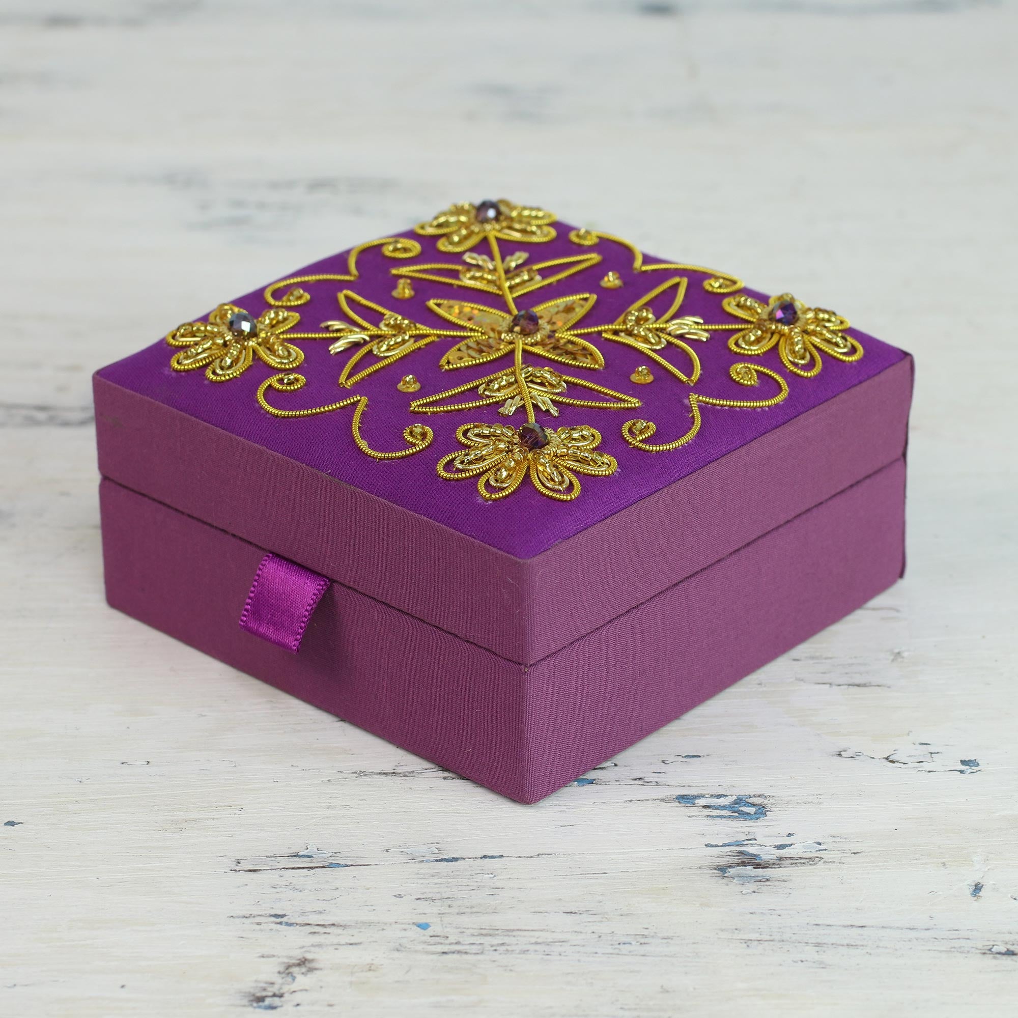 Premium Zardozi Embroidered Purple Cotton Decorative Box