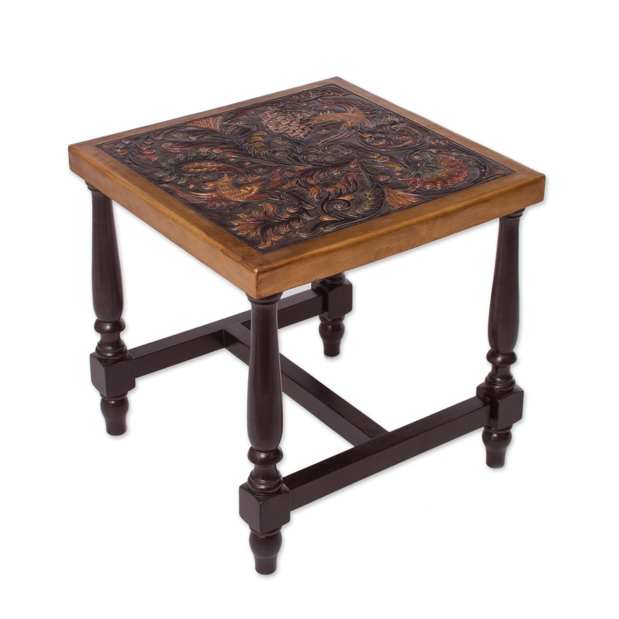 Ultimate Peacock Garden Table: Handcrafted Leather & Wood Masterpiece