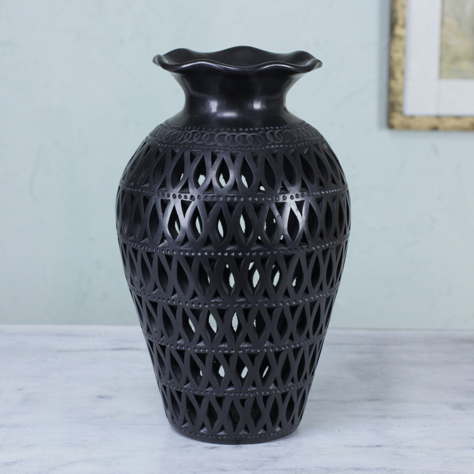 Premium Handcrafted Oaxacan Black Pottery Vase with Leaf Motifs
