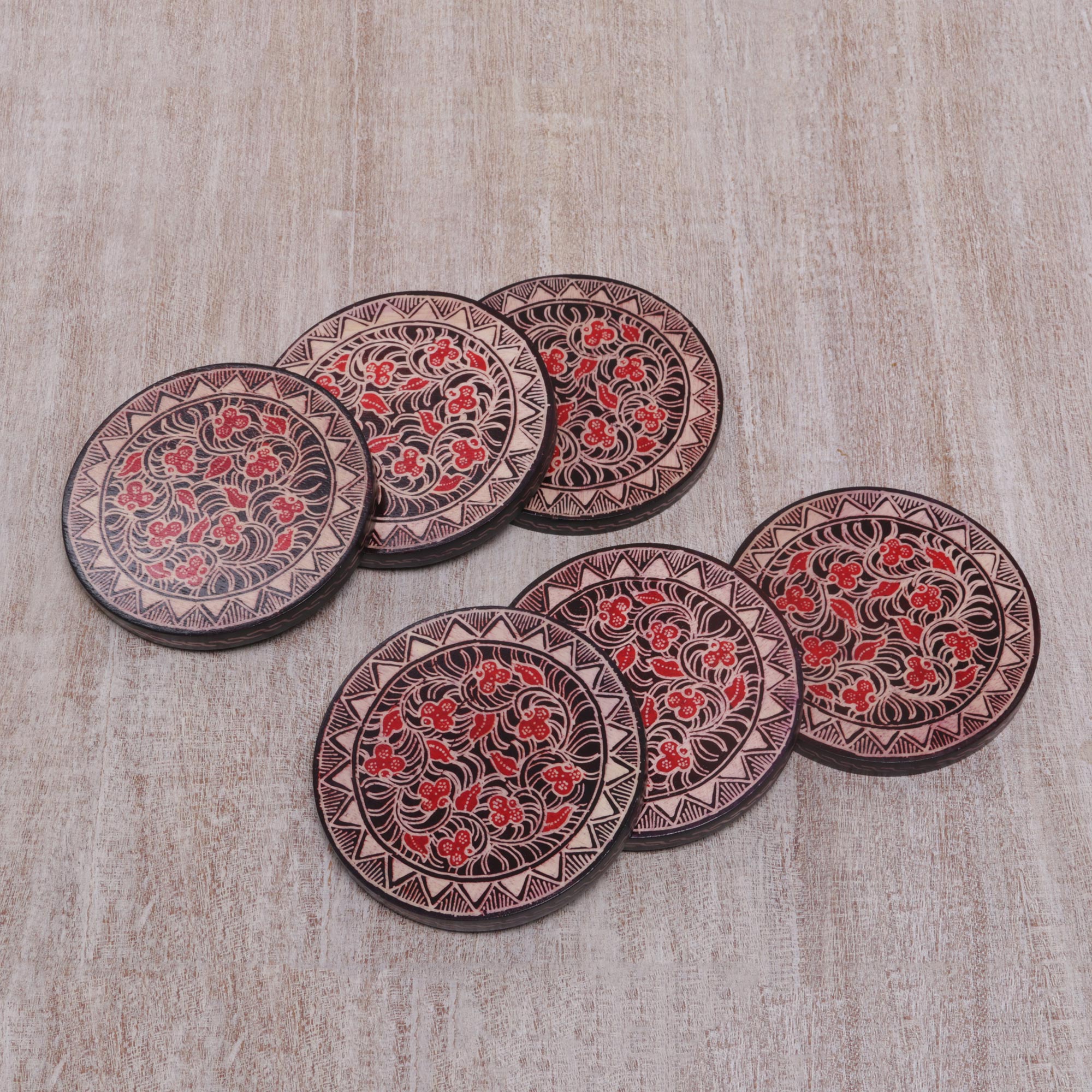 Premium Handcrafted Phoenix Batik Coasters - Java Artisan Set of 6