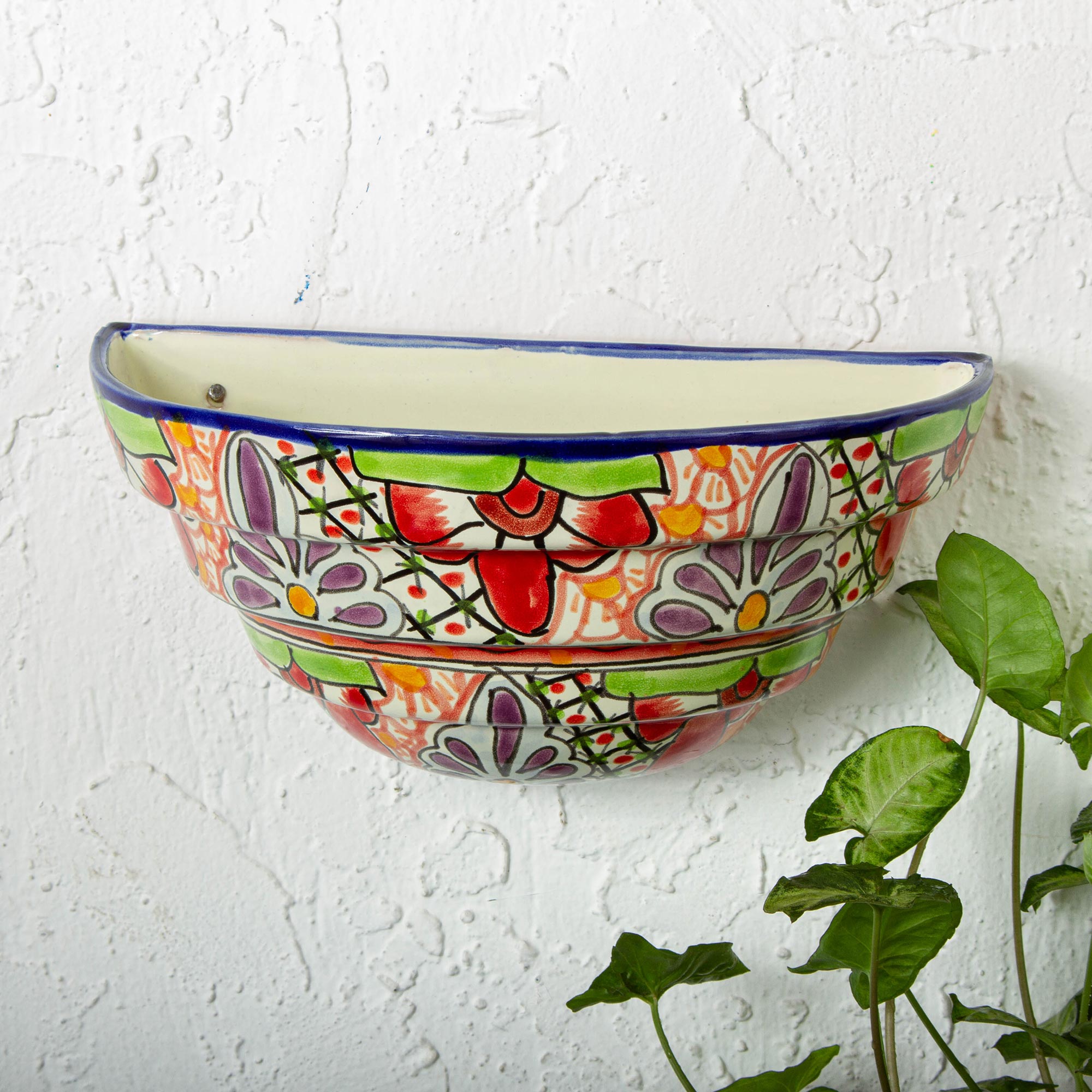 Premium Talavera Style Half Round Ceramic Wall Planter – Colorful Garden Decor