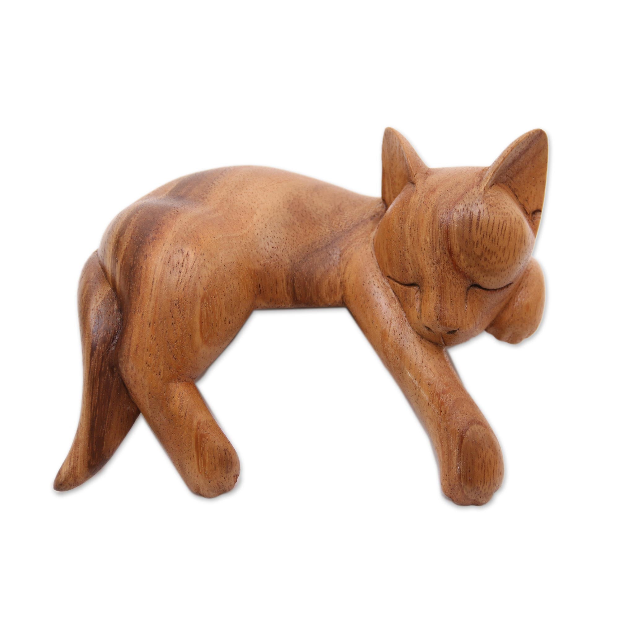 Premium Hand-Crafted Suar Wood Sleeping Cat Sculpture from Bali - Natural Finish