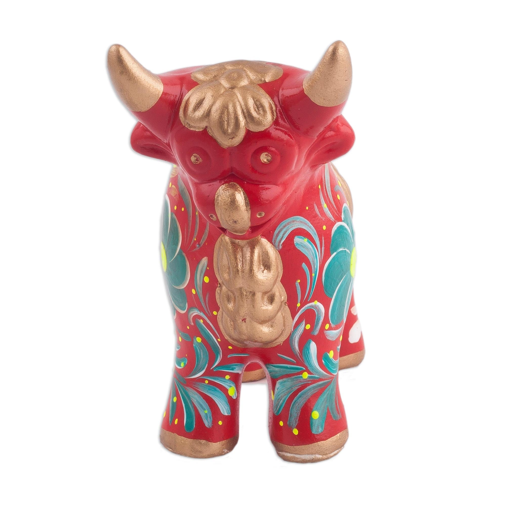 Premium Pucara Bull Sculpture - Handcrafted Red Ceramic with Floral Designs from Peru