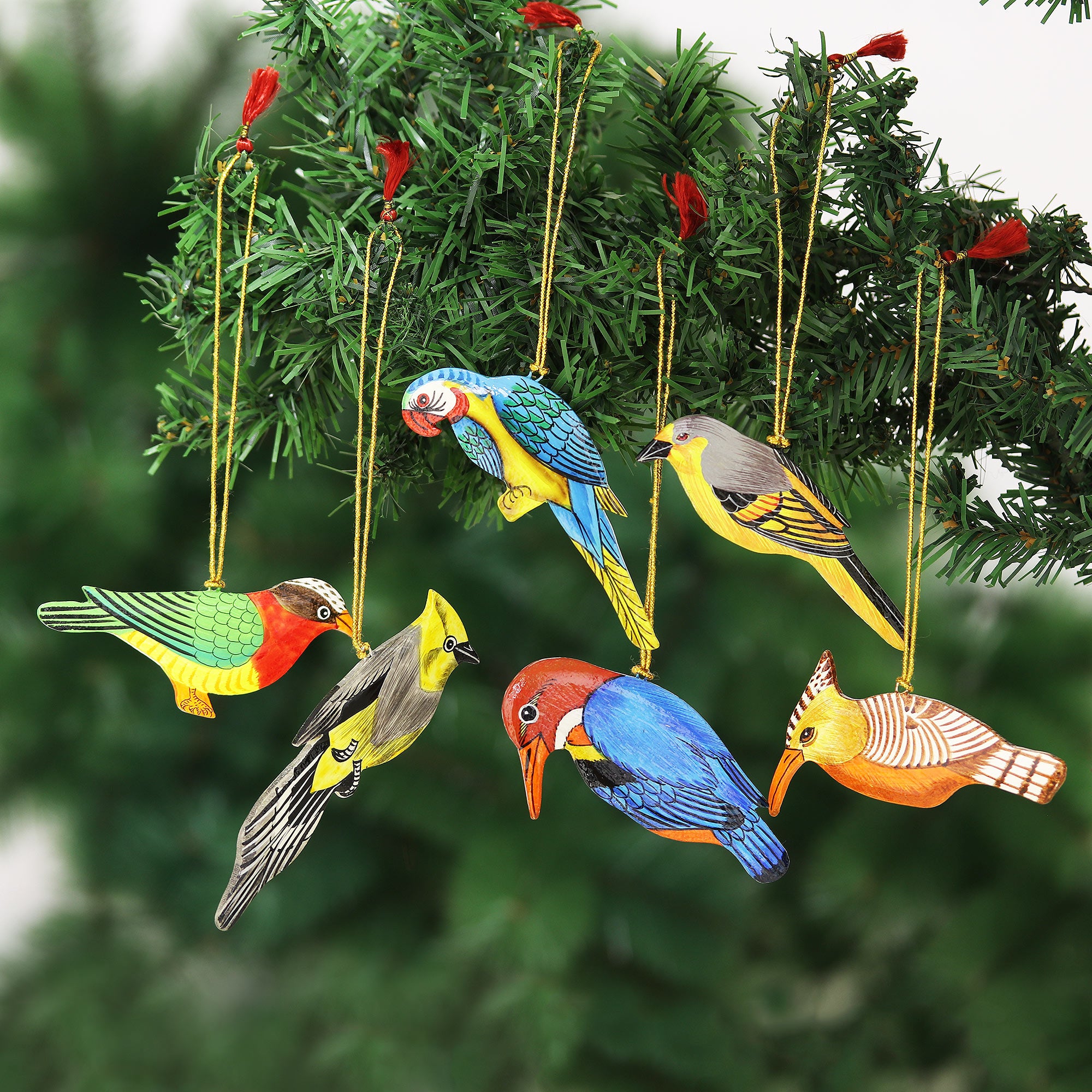 Premium Hand-Painted Festive Bird Ornaments - Set of 6, Golden Cords & Red Tassels