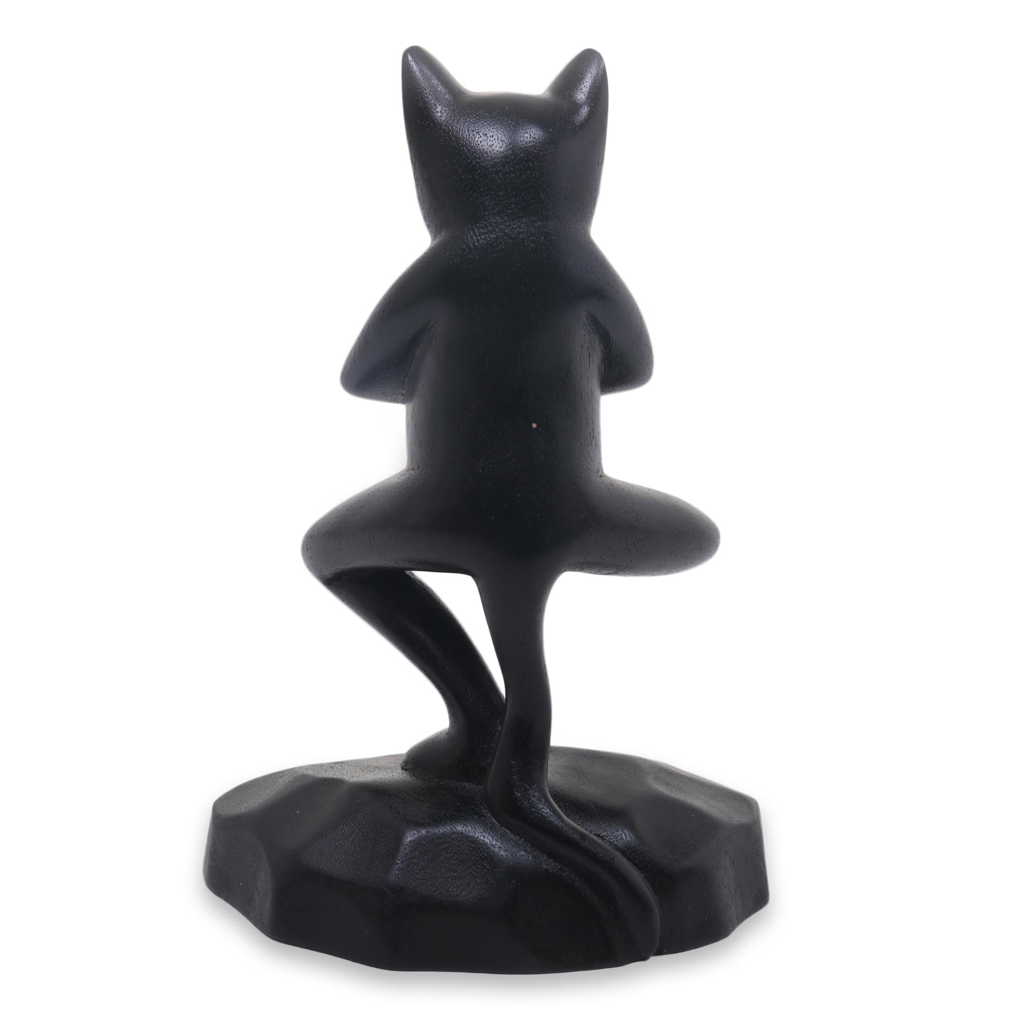 Premium Black Cat Yoga Sculpture - Handcrafted Suar Wood Art