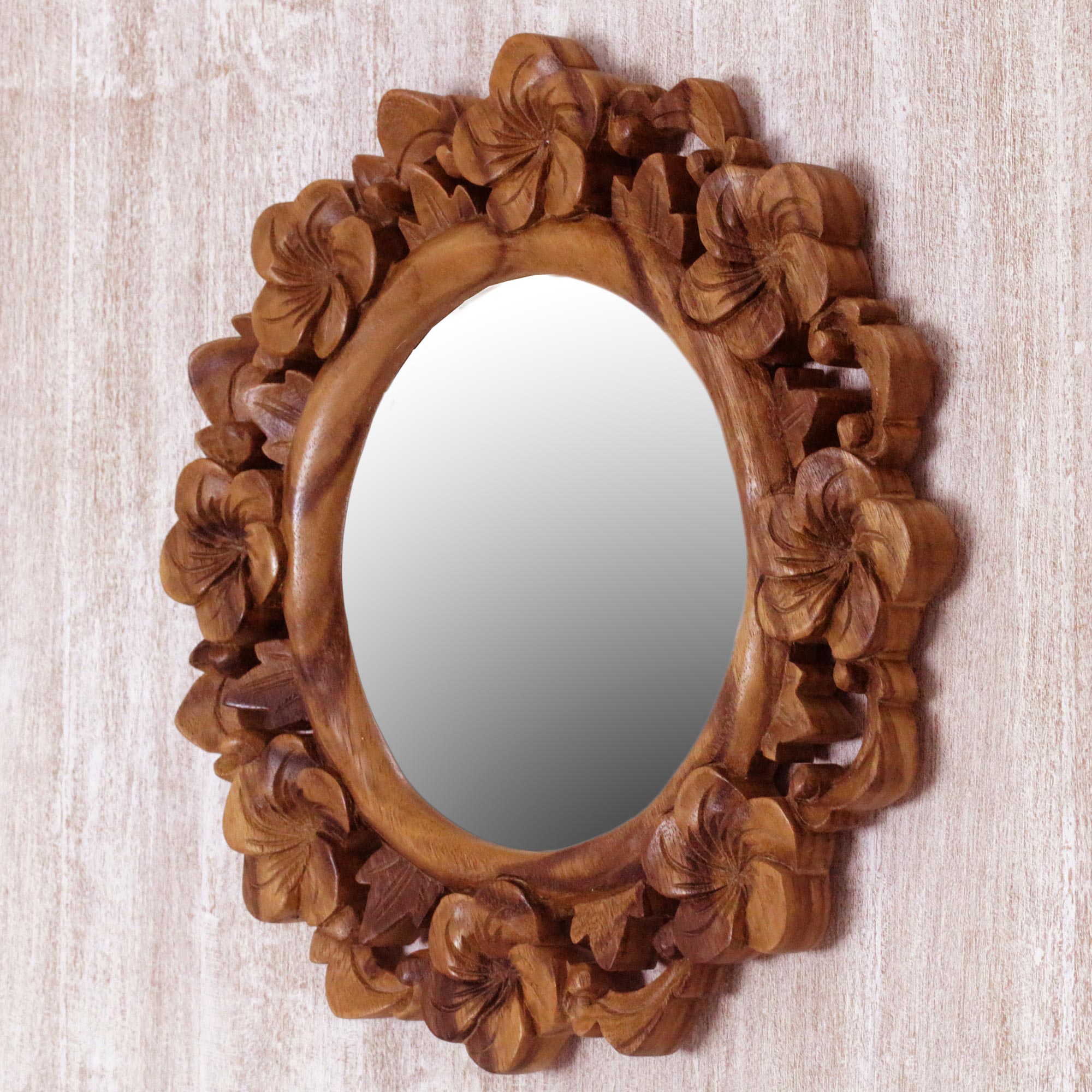 Premium Balinese Floral Wall Mirror - Hand Carved Suar Wood, Jepun Design