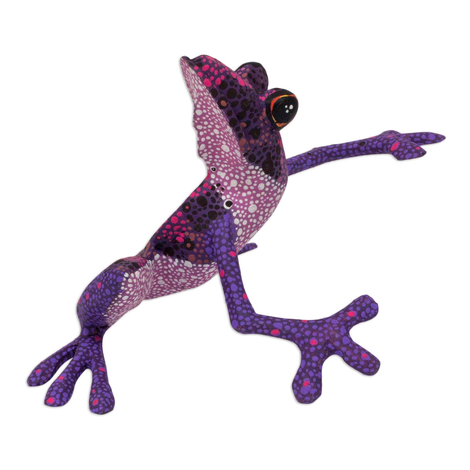 Premium Purple Dancing Frog - Handcrafted Alebrije Art Sculpture