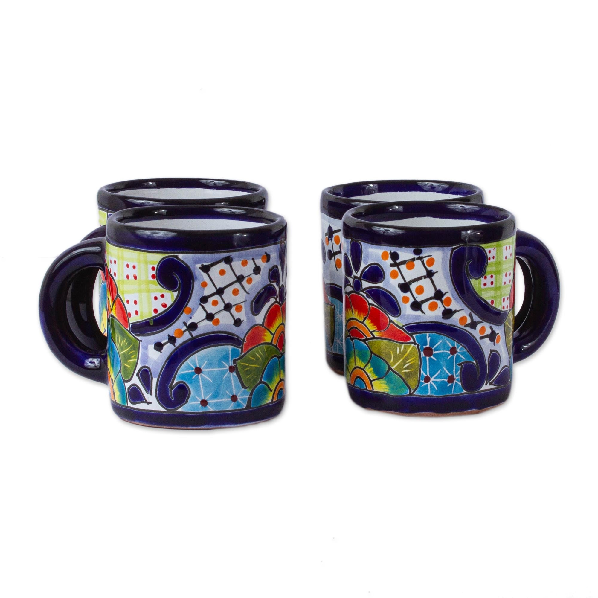 Premium Raining Flowers Collection: Set of 4 Handcrafted Mexican Talavera Floral Ceramic Mugs