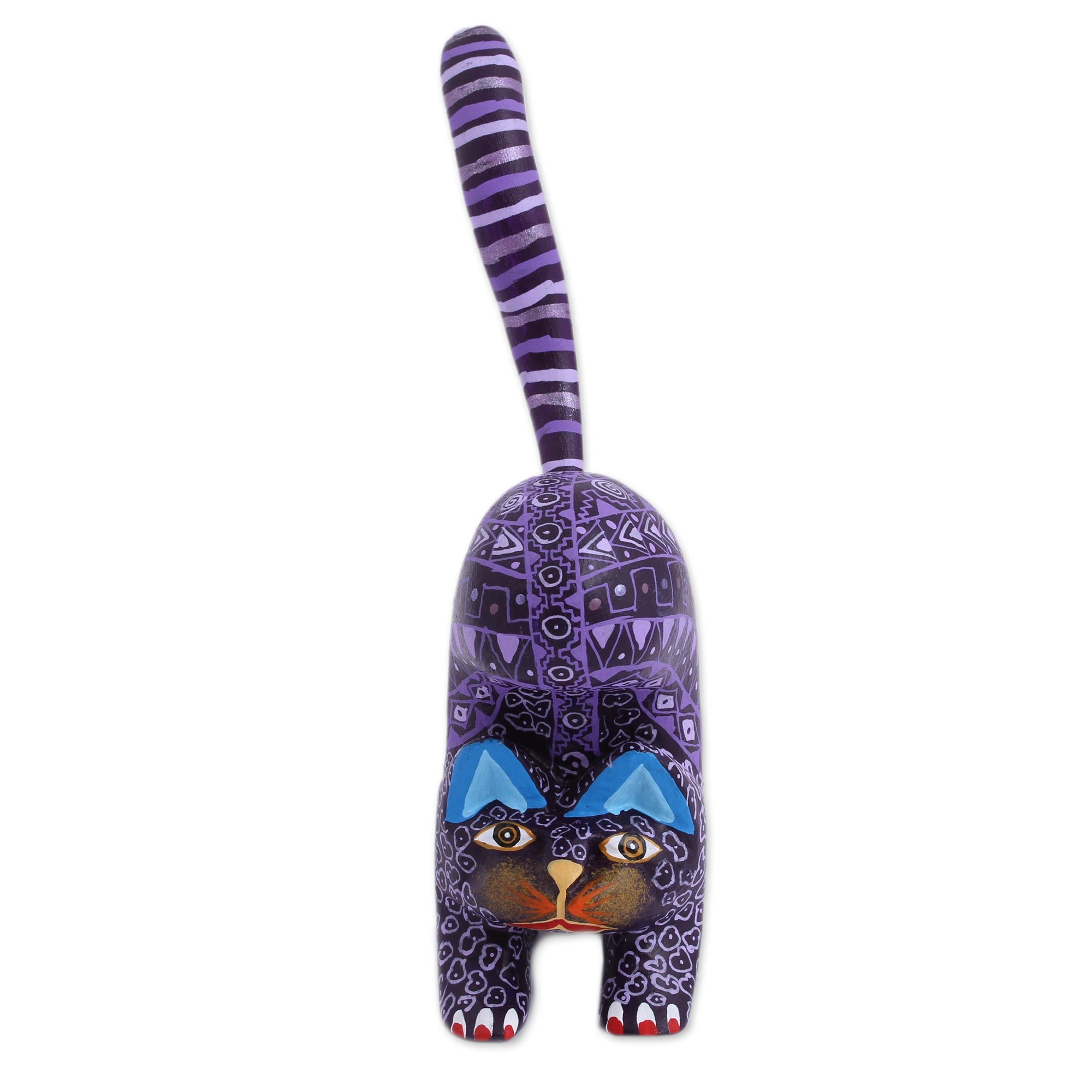 Premium Hand-Painted Purple Alebrije Cat Figurine - Authentic Mexican Folk Art