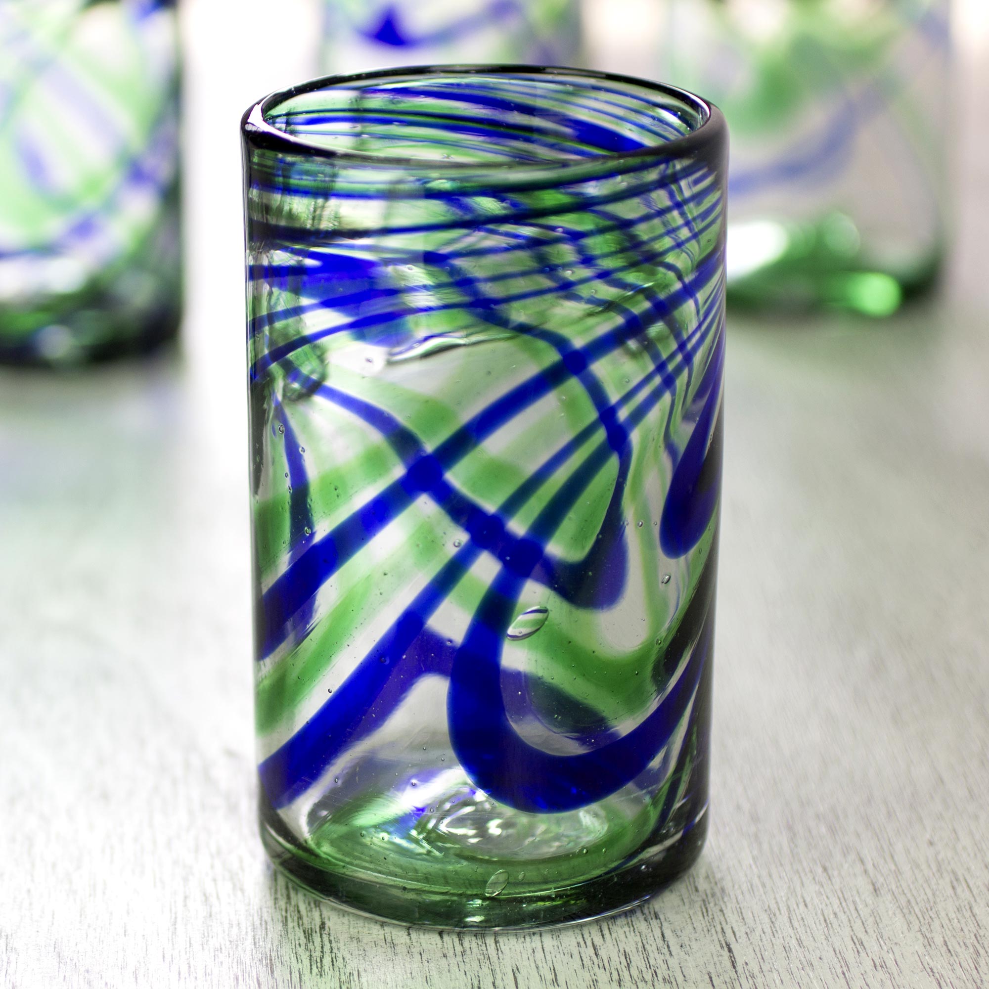 Premium Handcrafted Blown Glass Tumblers - Set of 6 in Vibrant Blue & Green