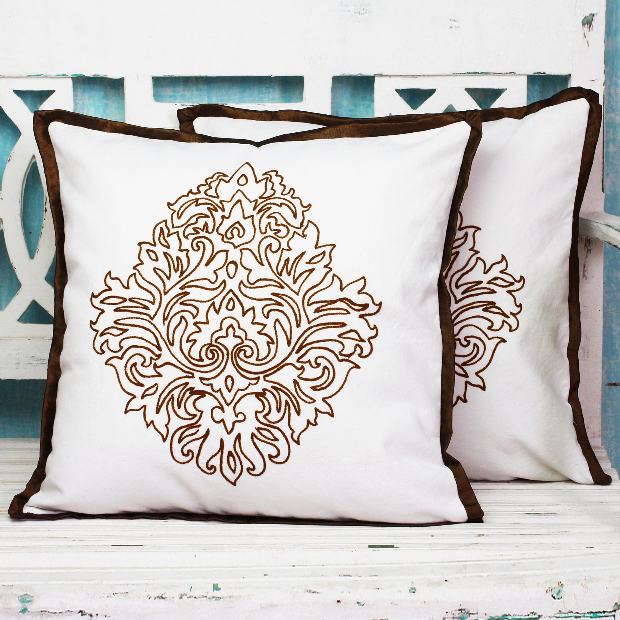 Premium Copper Elegance Acrylic Embroidered Cotton Cushion Covers (Pair) - Handcrafted in India