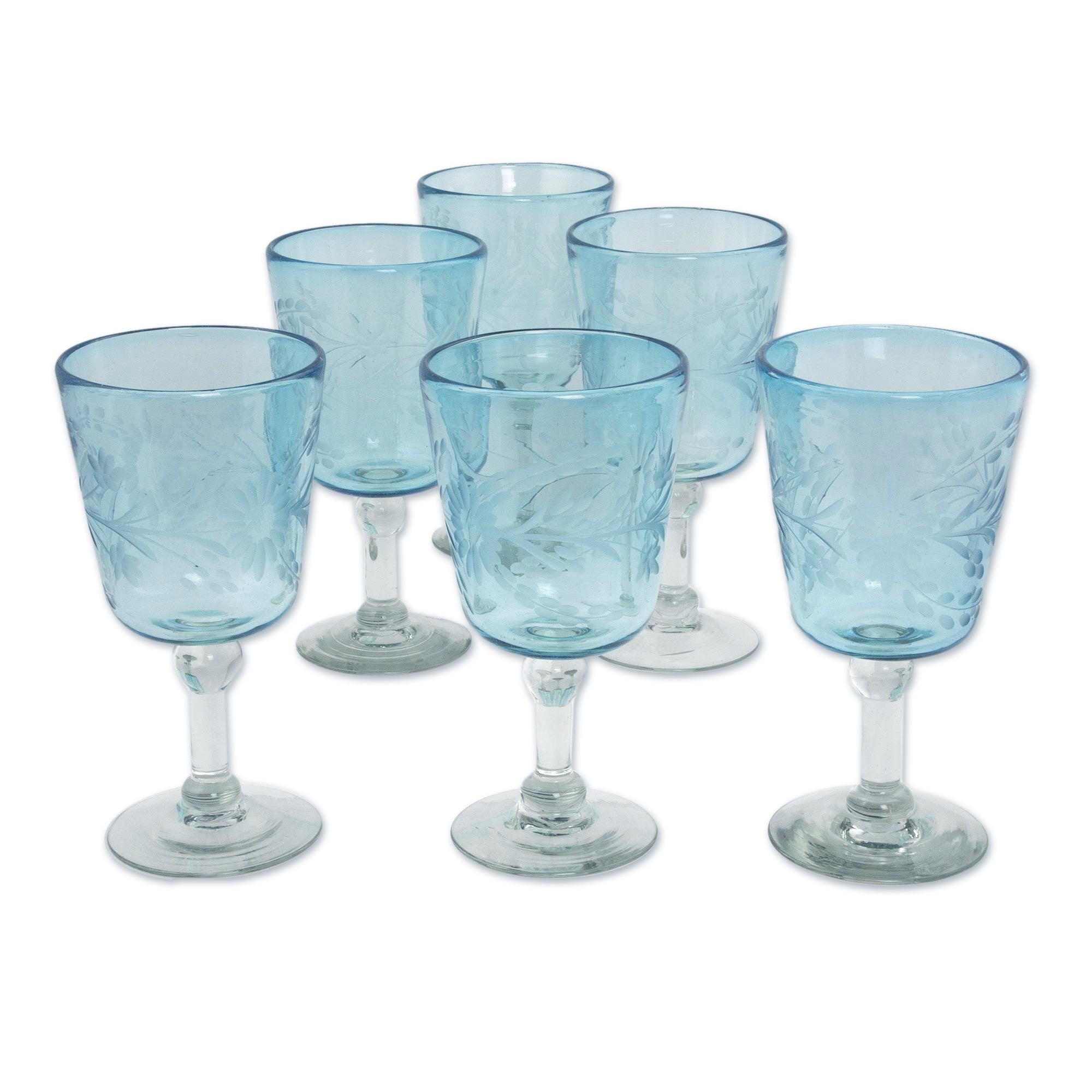 Premium Aquamarine Sunflower Hand-Blown Wine Glasses Set of 6 - Unique Artisan Craftsmanship
