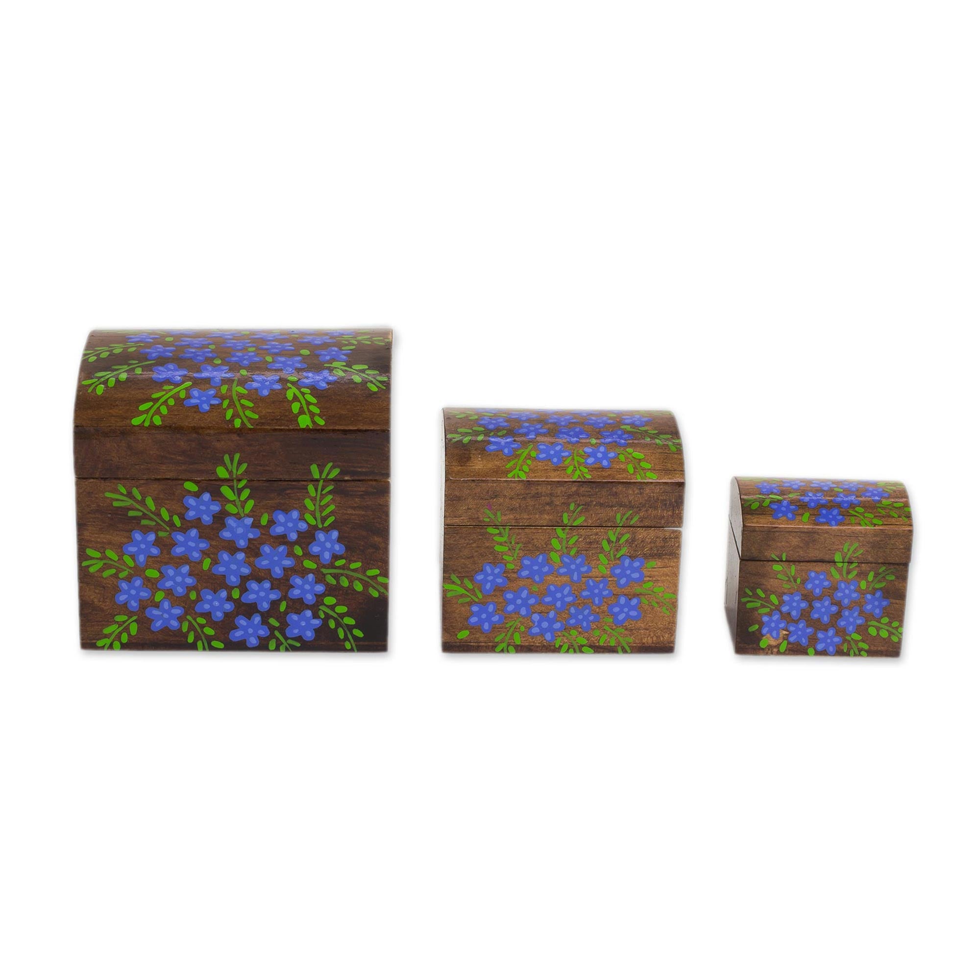 Premium Handcrafted Blue Floral Pinewood Treasure Box Set (3-Piece)