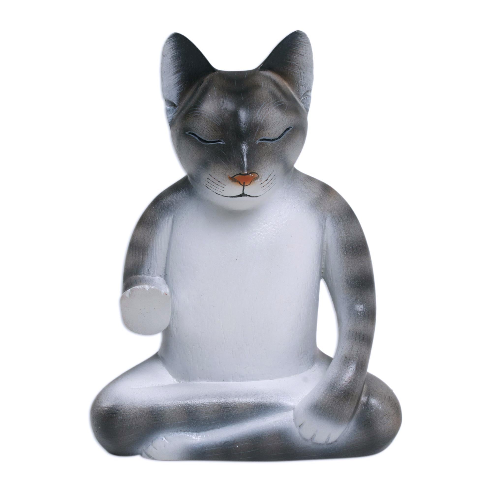 Premium Nirvana Kitty Meditation Sculpture - Handcrafted Grey & White Cat from Bali