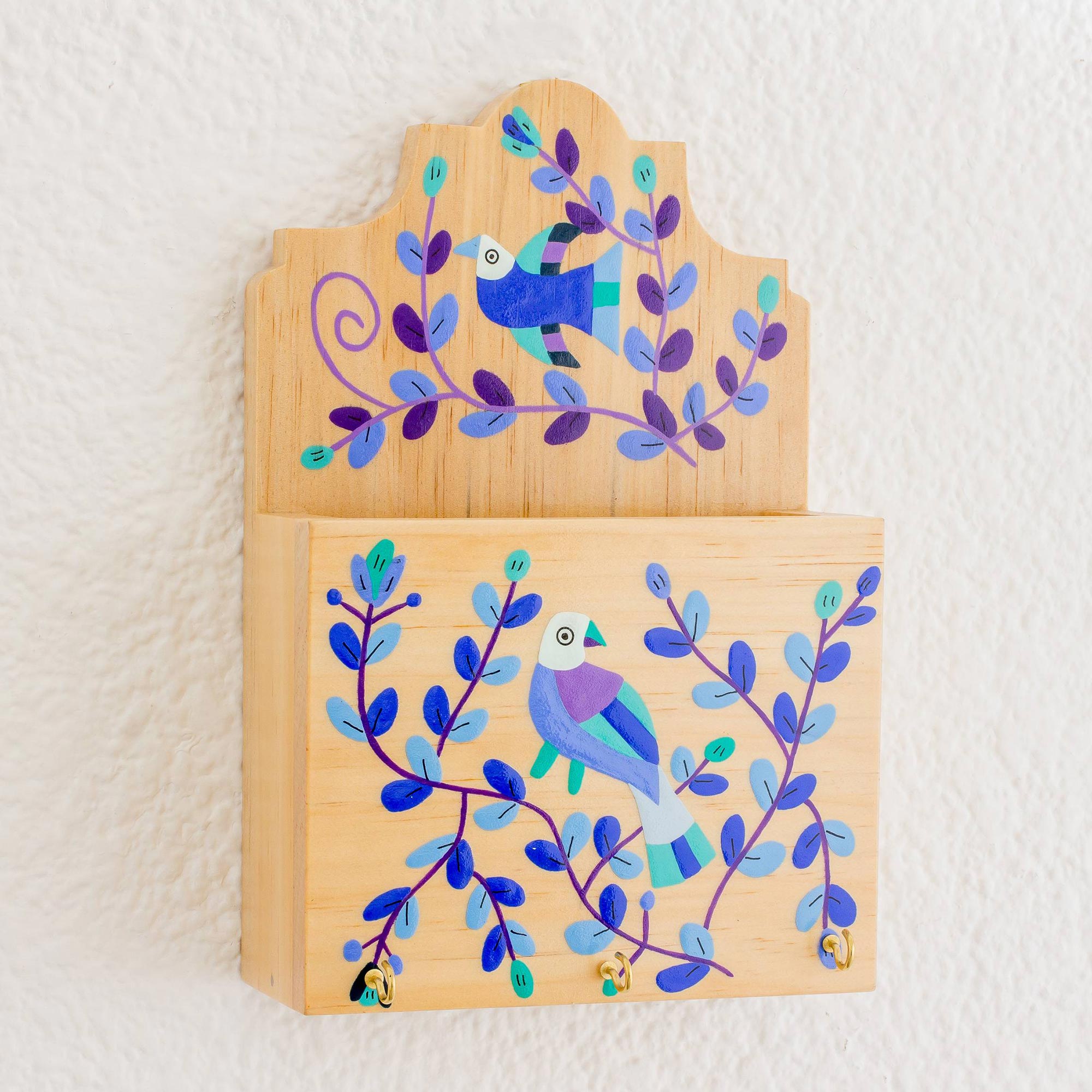 Premium Pinewood Letter & Key Holder with Hand-Painted Blue & Purple Birds