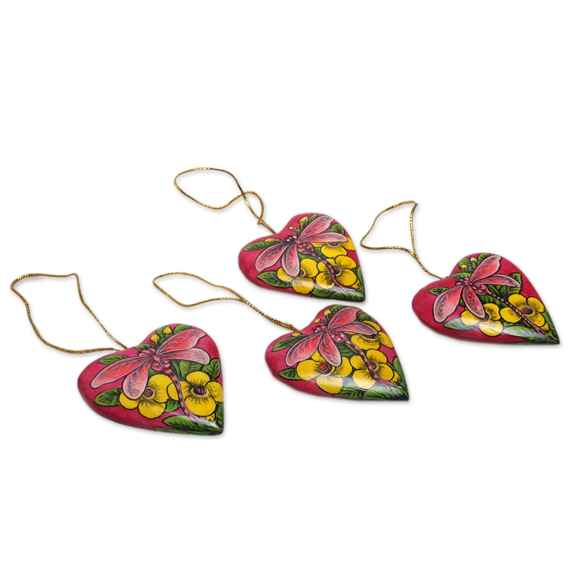 Premium Hand-Painted Balinese Heart Ornaments with Dragonflies - Set of 4