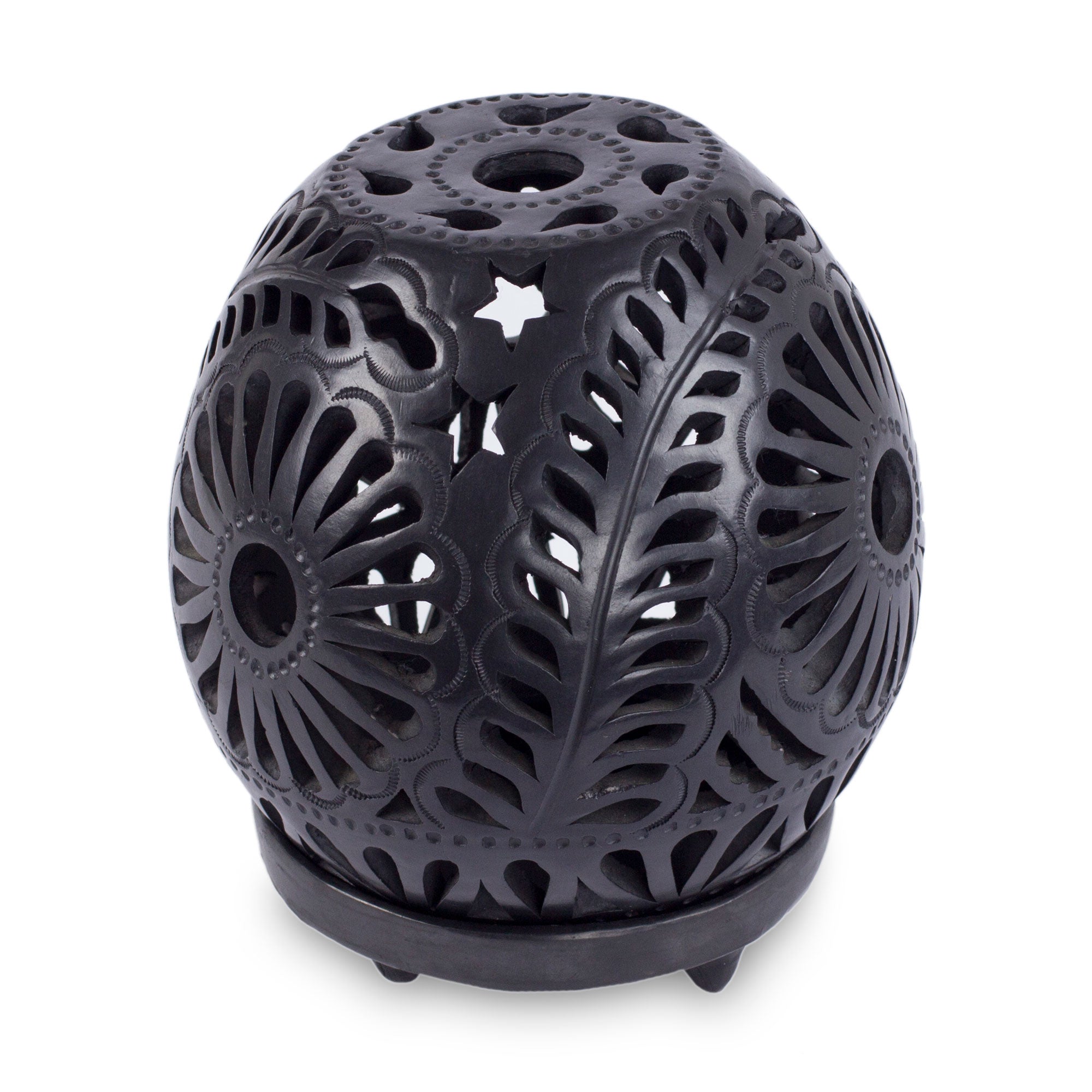 Premium Handcrafted Mexican Black Pottery Candleholder – Black Blossoms Design