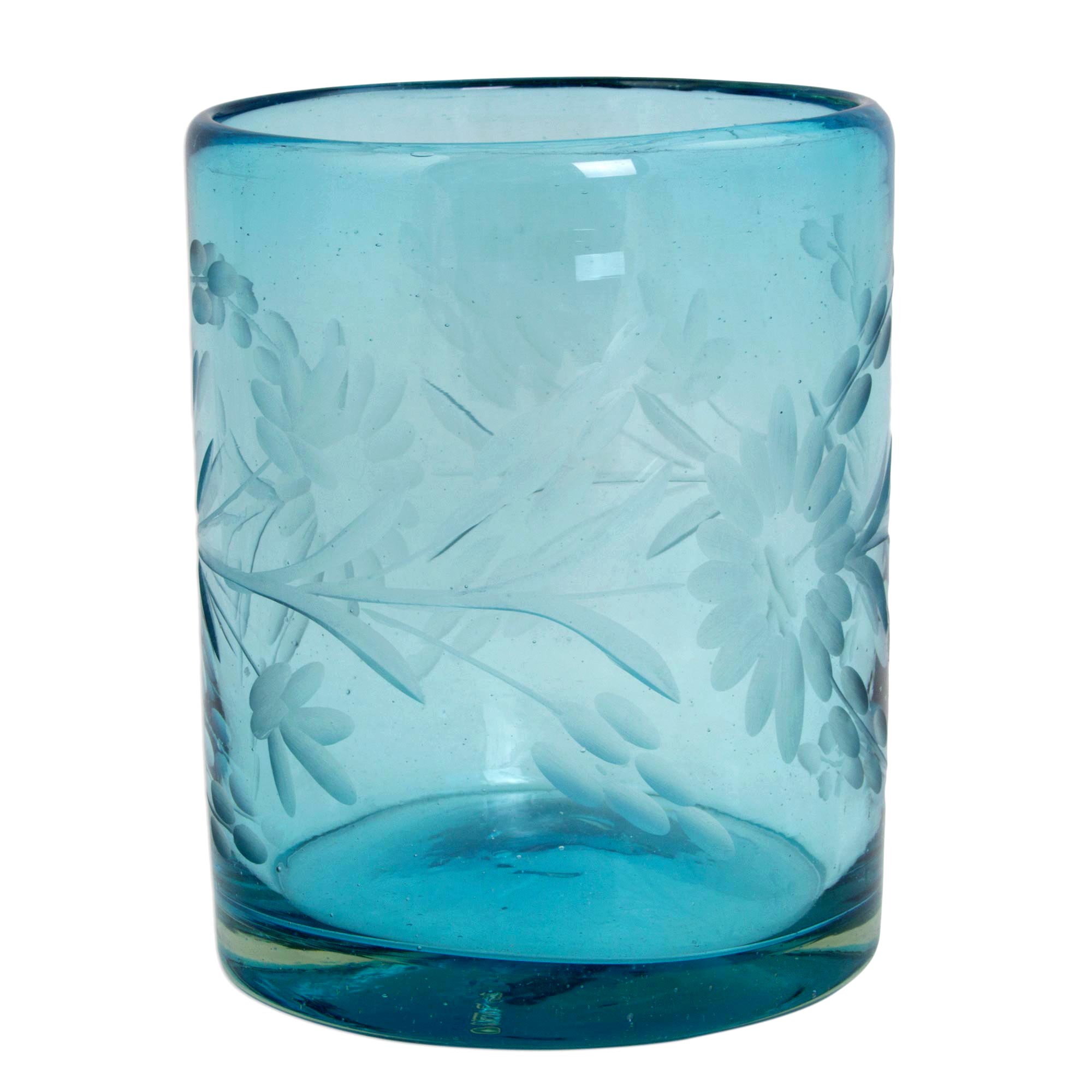 Premium Aquamarine Sunflower Engraved Hand-Blown Rocks Glass Set of 6 - Ultimate Craftsmanship