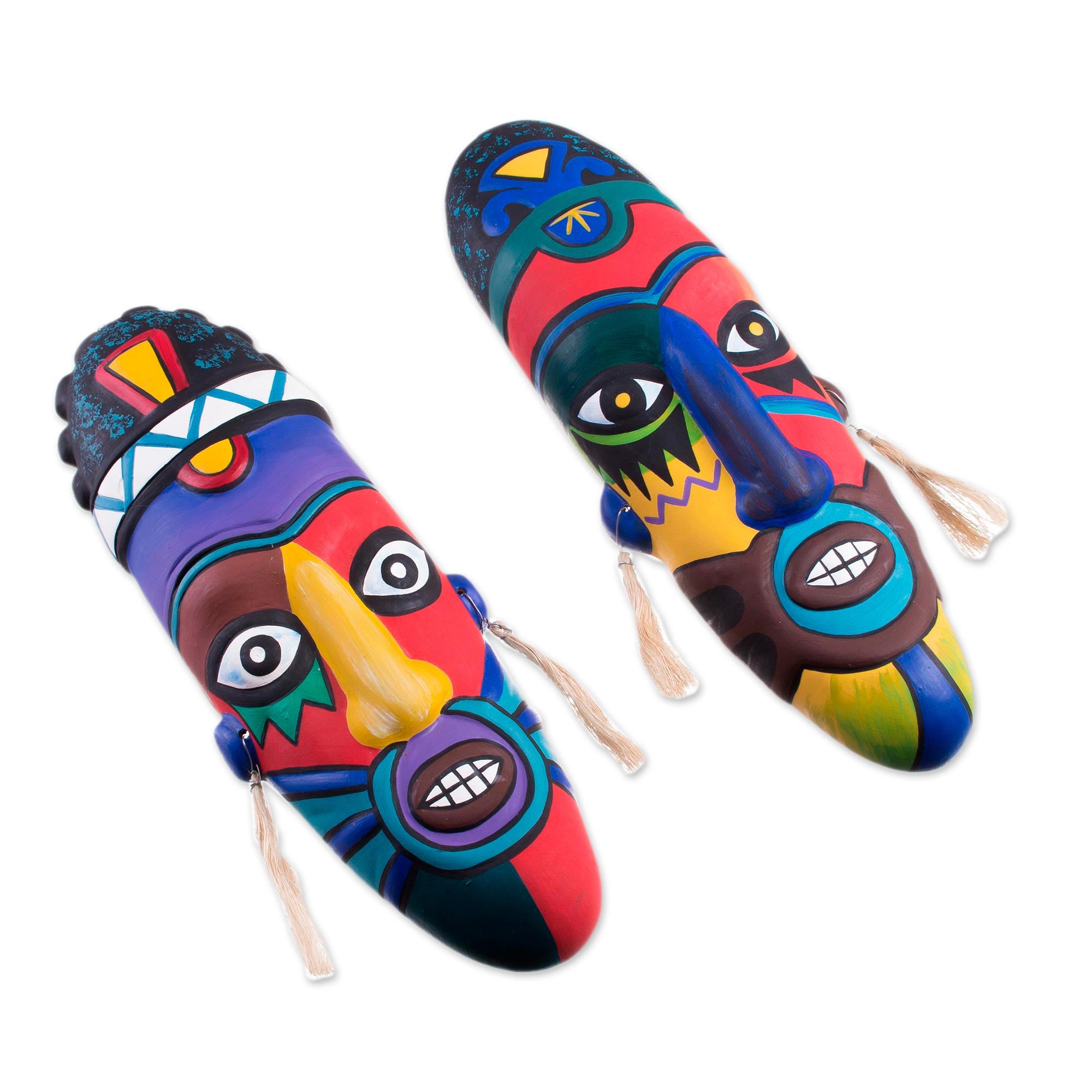 Premium Handcrafted Ceramic Folk Art Masks - Ancient Peruvian Culture Inspired (Pair)