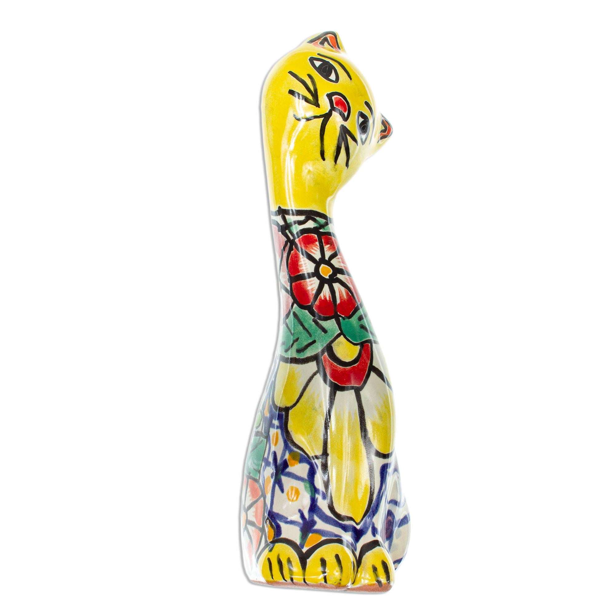 Premium Talavera Cat Statue - Hand-Painted Yellow Floral Ceramic Art