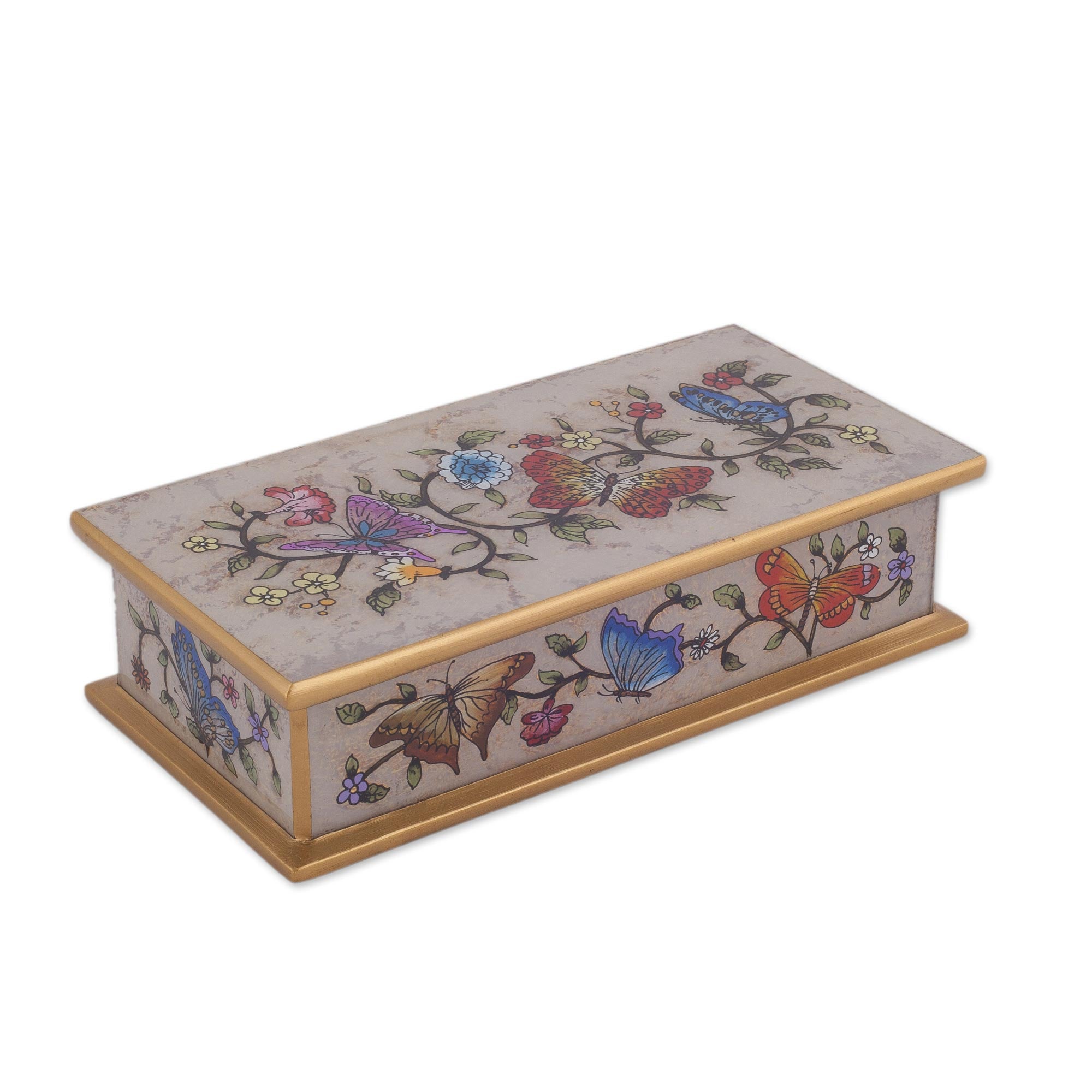 Premium Butterfly Jubilee Decorative Box in Bone Reverse Painted Glass