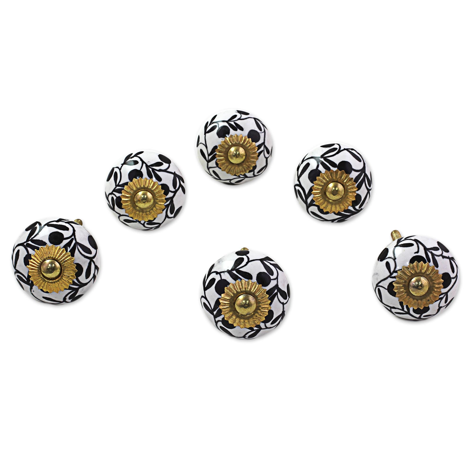 Premium Magical Blooms Ceramic Cabinet Knobs – Floral White & Black (Set of 6) – Handcrafted in India