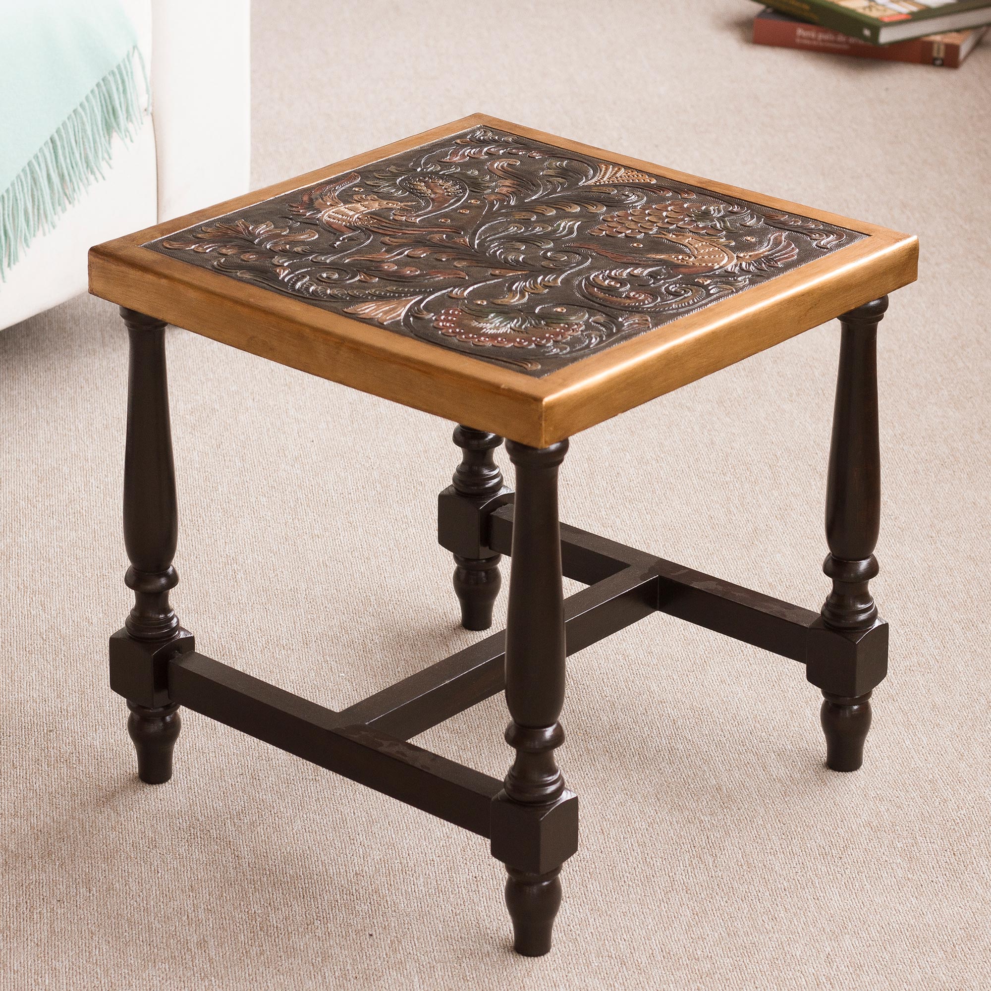 Ultimate Peacock Garden Table: Handcrafted Leather & Wood Masterpiece