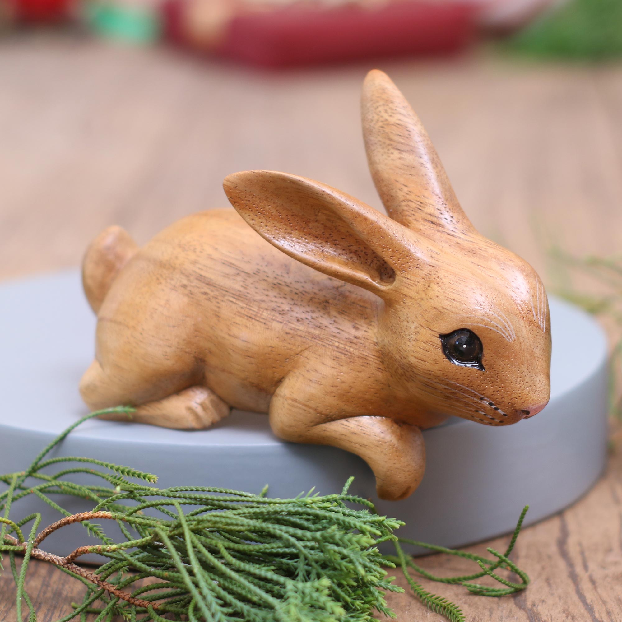 Premium Handcrafted Suar Wood Rabbit Sculpture from Bali - Curious Brown Rabbit