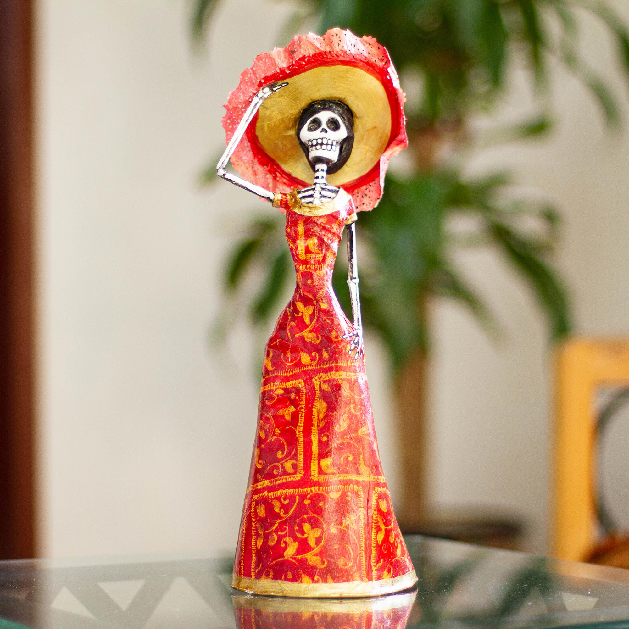 Premium Handcrafted La Catrina Sculpture - Red Papier Mâché Art Piece