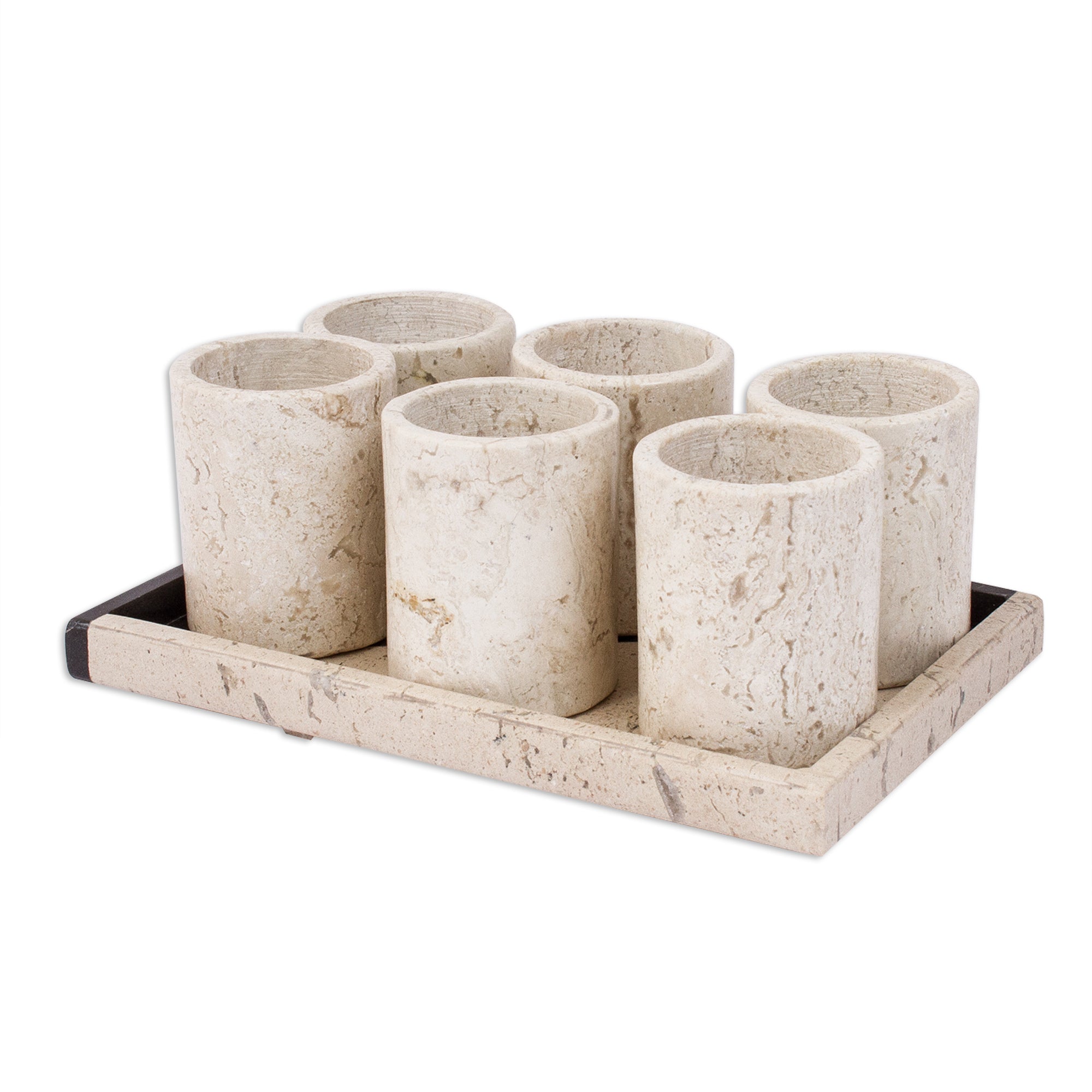 Premium Handcrafted Beige Marble Tequila Glasses with Oblique Tray - Set of 6