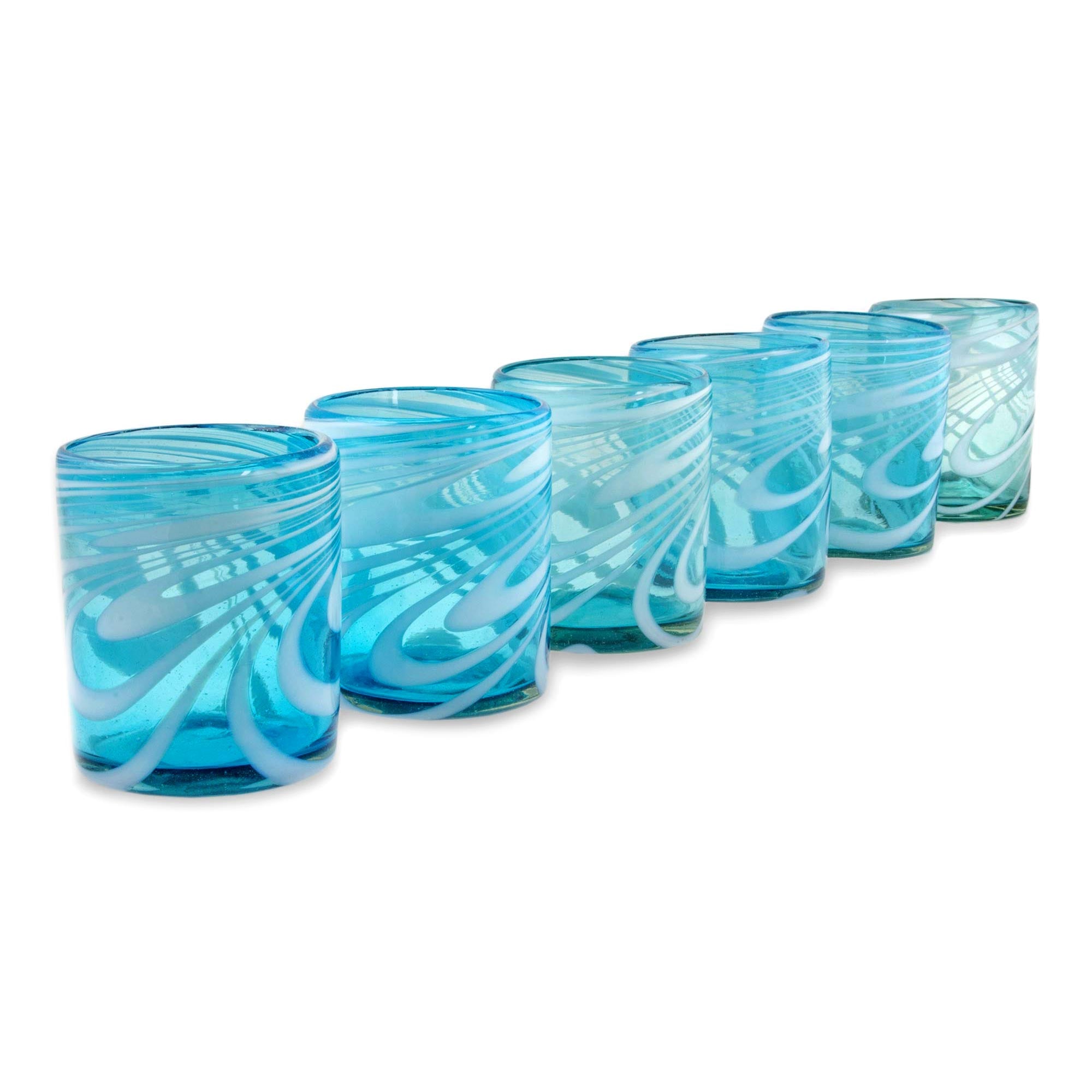 Premium Whirling Aquamarine Hand-Blown Rock Glasses - Set of 6