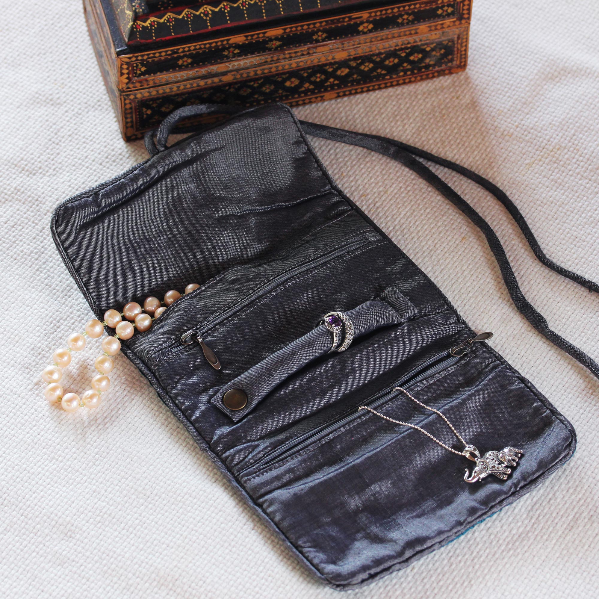 Premium Black & Grey Silk Jewelry Roll - Handcrafted by Thai Artisans