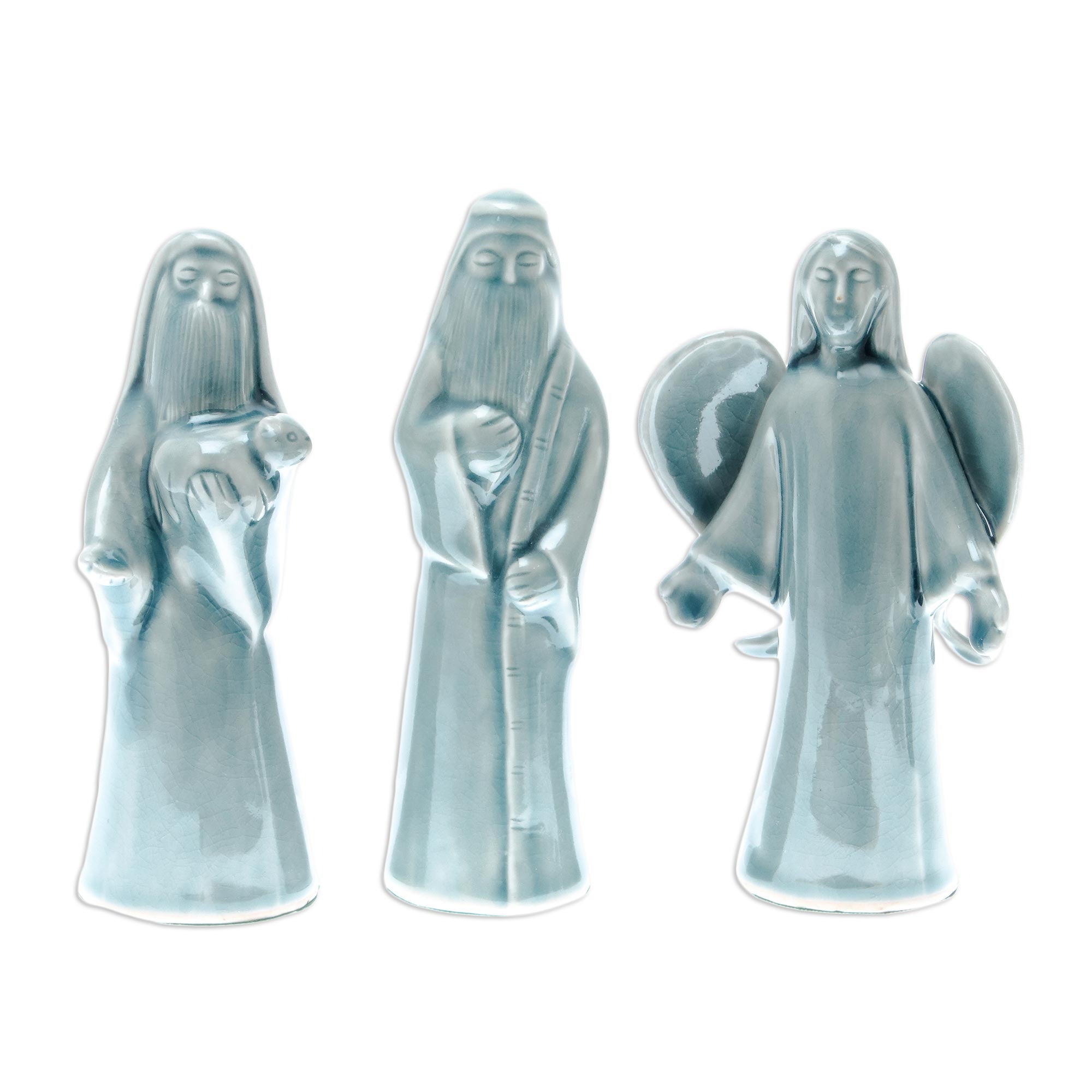 Premium Blue Celadon Ceramic Nativity Set - Handcrafted Christmas Scene (11 Pieces)
