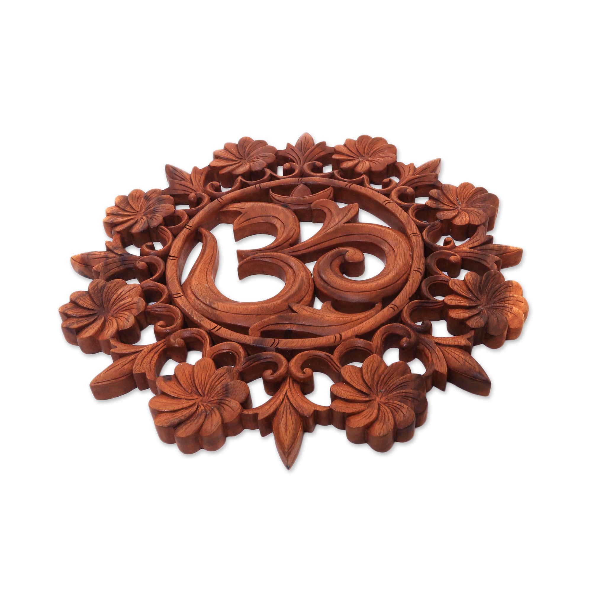 Premium Hand-Carved Om Floral Suar Wood Wall Art from Bali