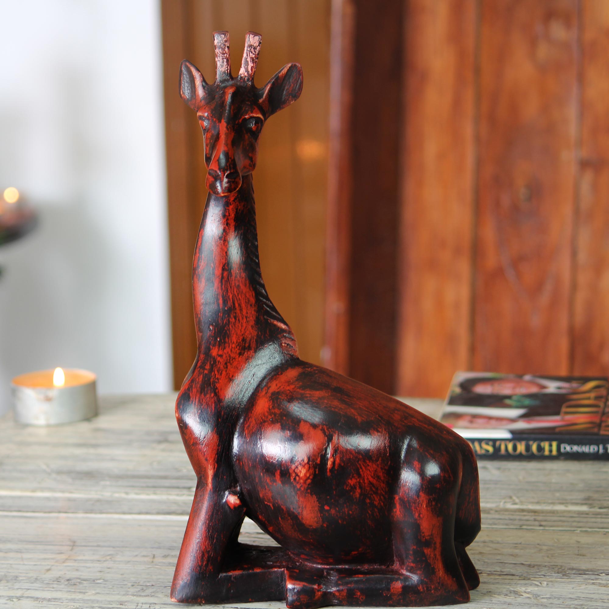 Premium Hand-Carved African Kneeling Giraffe Sculpture
