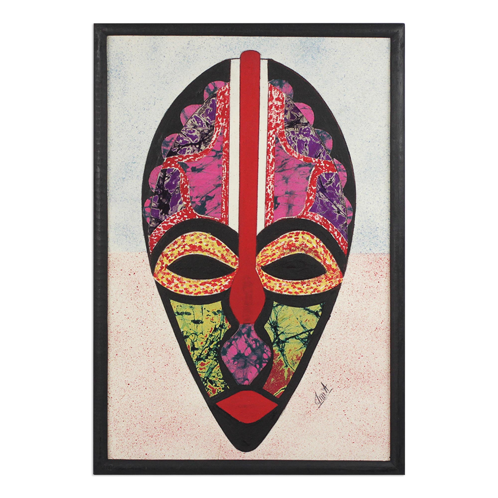 Premium Odo Akan African Mask Artwork - Handcrafted Batik Collage from Ghana