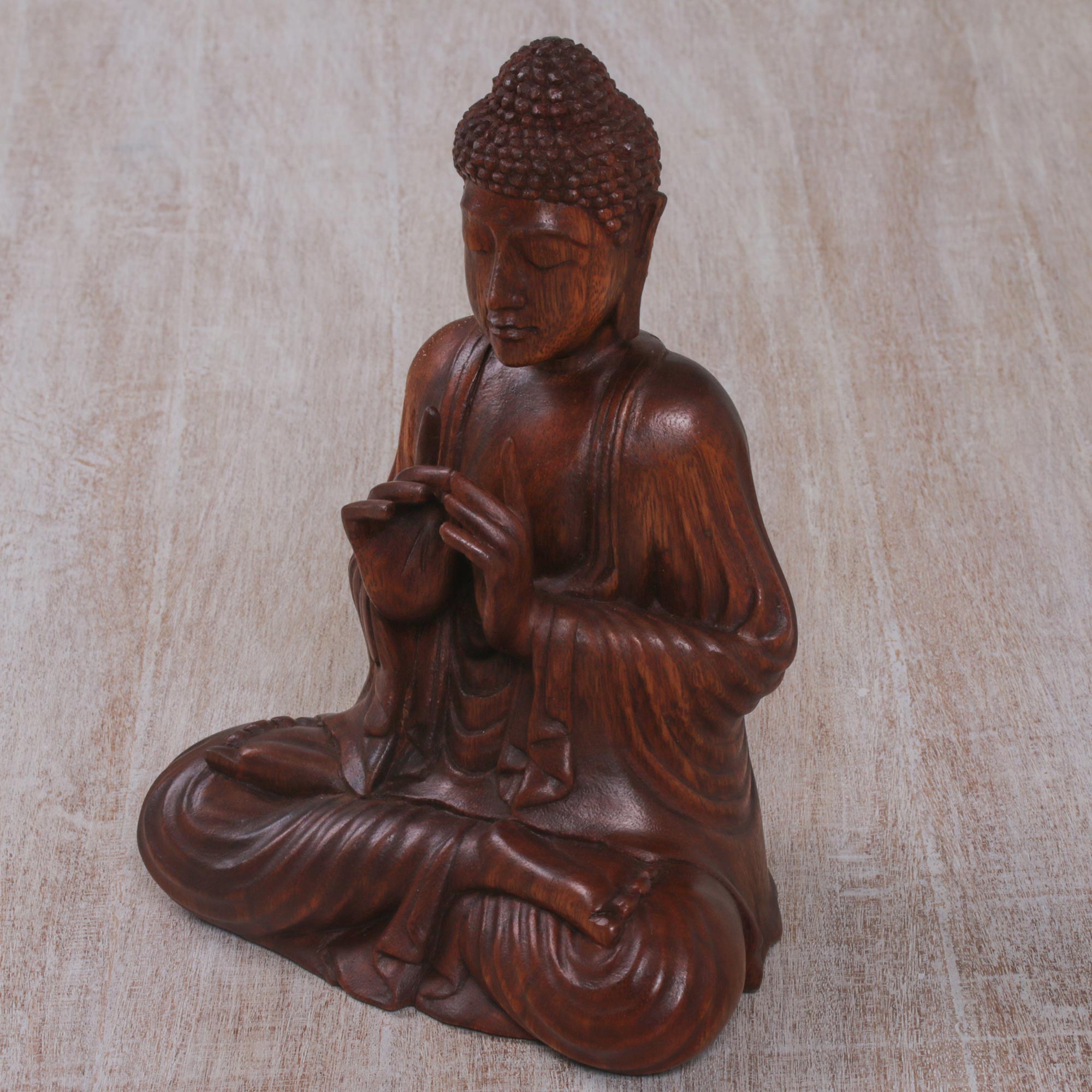Premium Handcrafted Suar Wood Buddha Sculpture - Vitarka Mudra, Bali