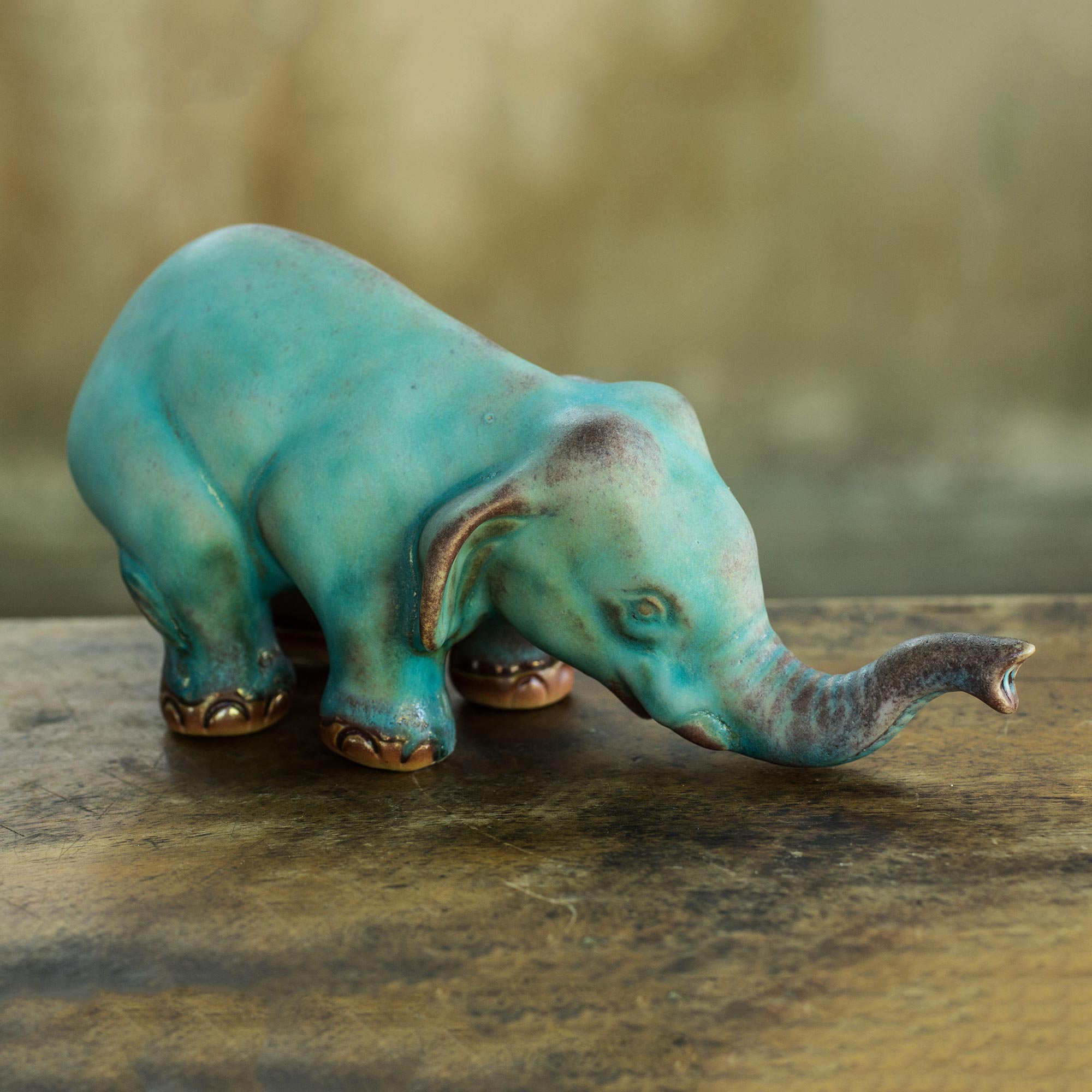 Premium Turquoise Elephant Ceramic Statue – Handcrafted Sawasdee Artisan Design
